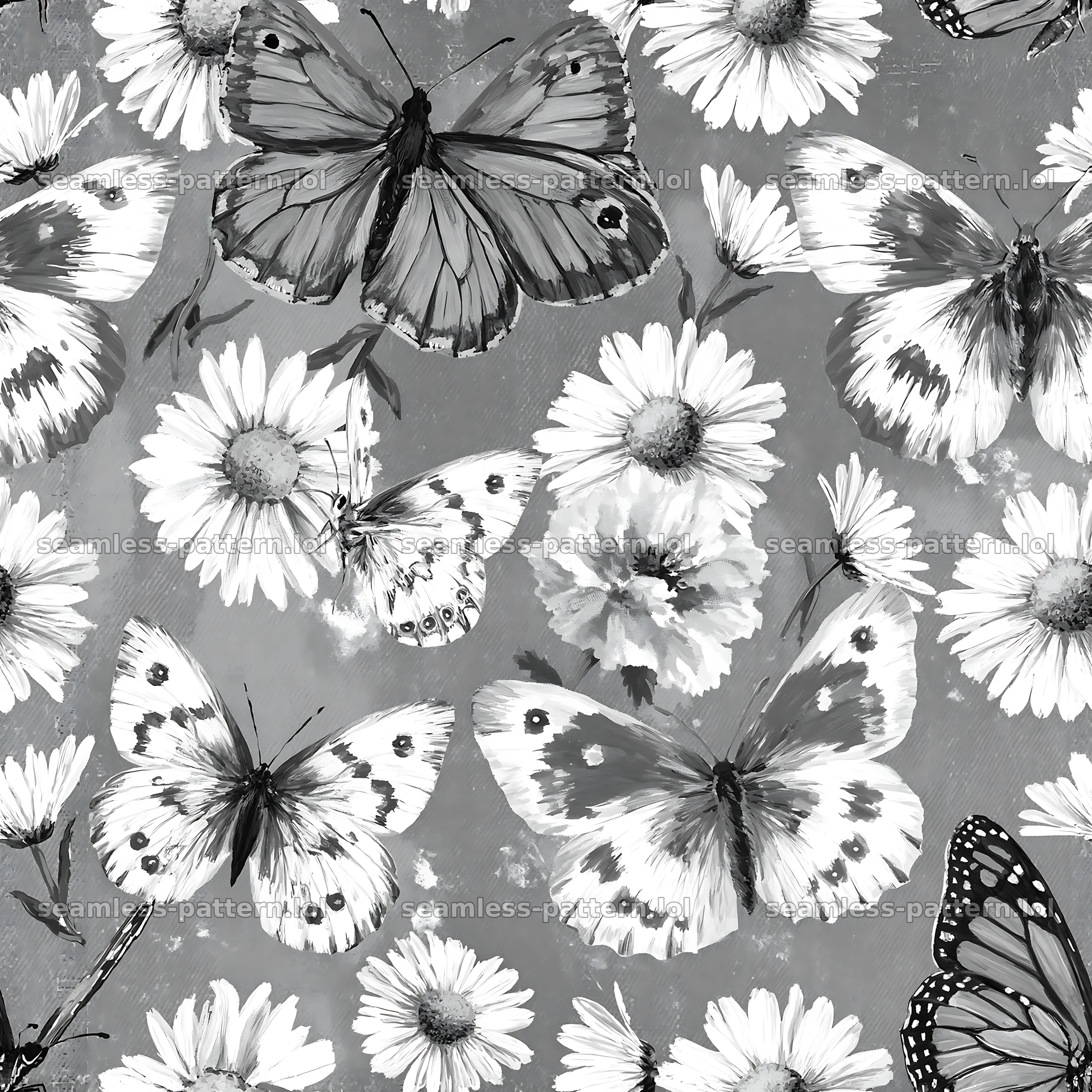 Butterfly and daisy seamless pattern in black and white seamless pattern preview