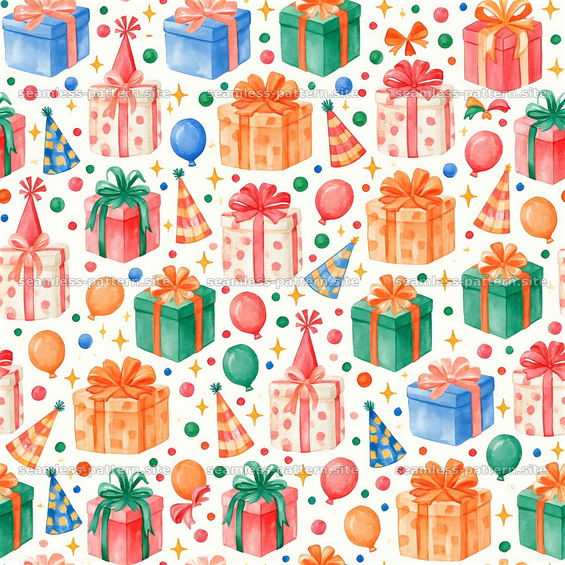 Birthday watercolor seamless pattern with gifts and balloons seamless pattern preview