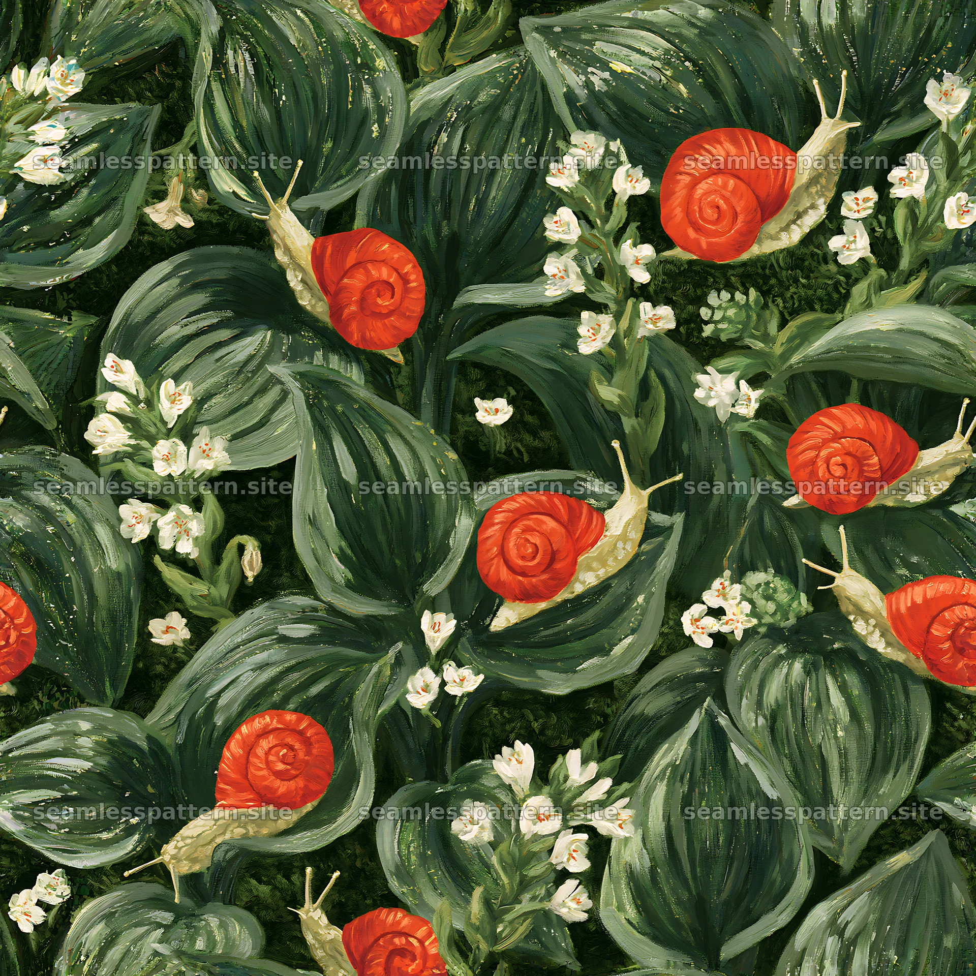 Red garden snail repeat pattern for fabric and wallpaper seamless pattern preview