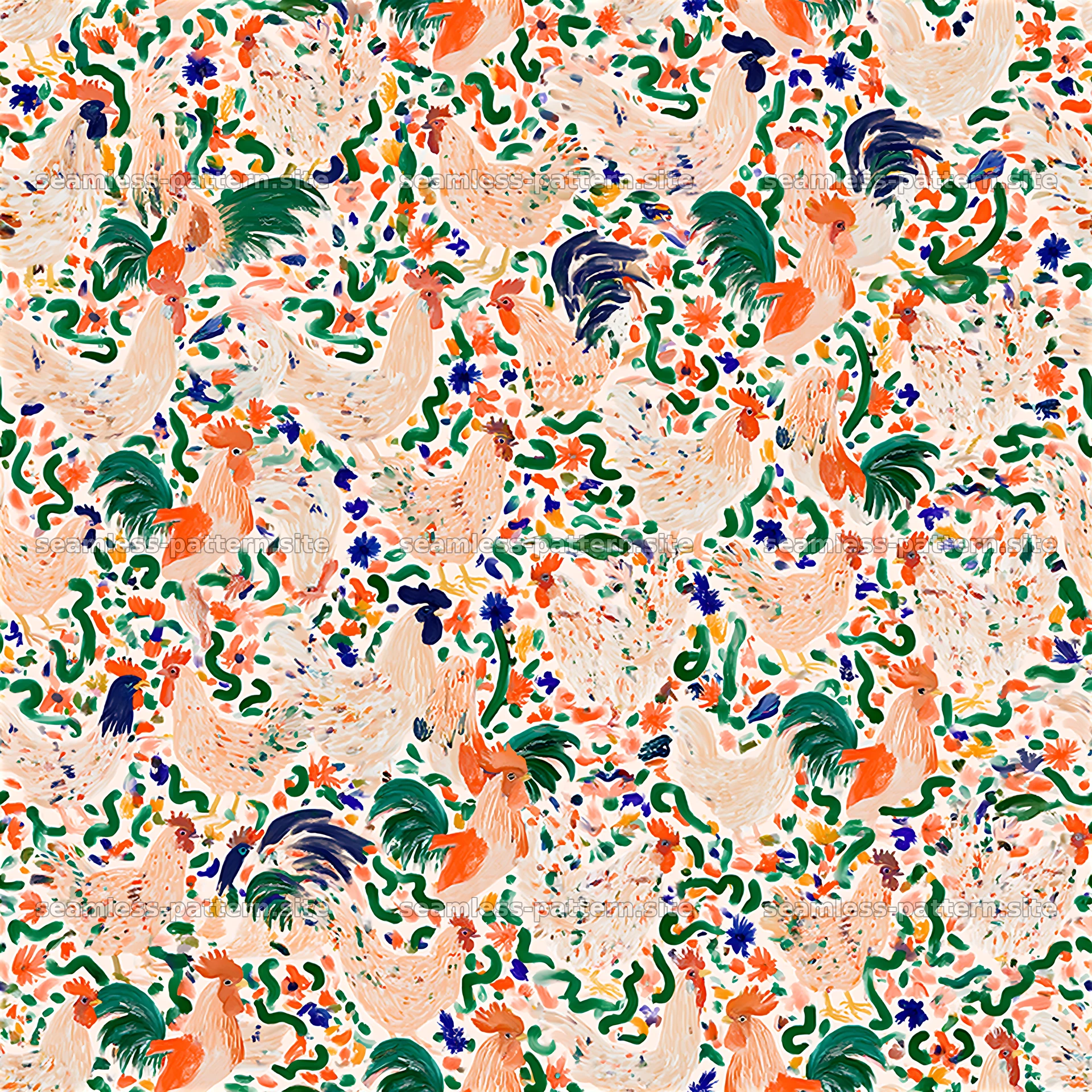 Colorful Folk Art Rooster and Floral Seamless Pattern seamless pattern preview