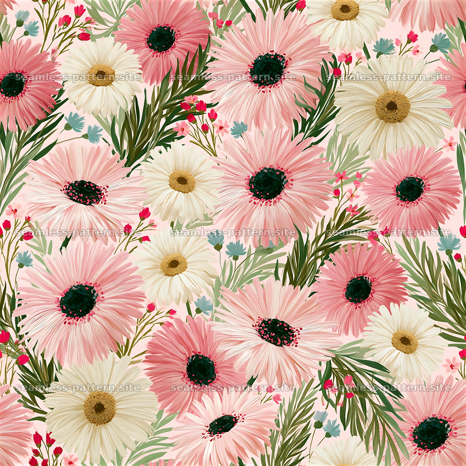 Colorful floral seamless pattern with daisies and greenery seamless pattern preview