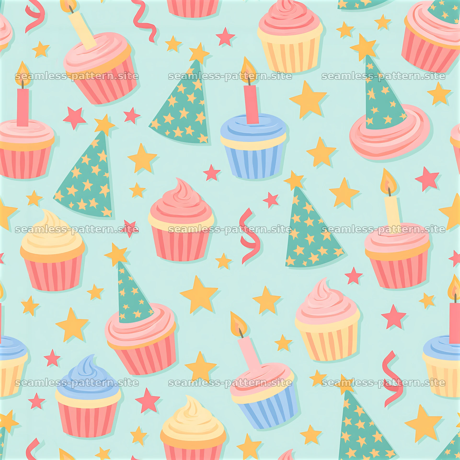 Birthday pastel seamless pattern with cupcakes and party hats seamless pattern preview