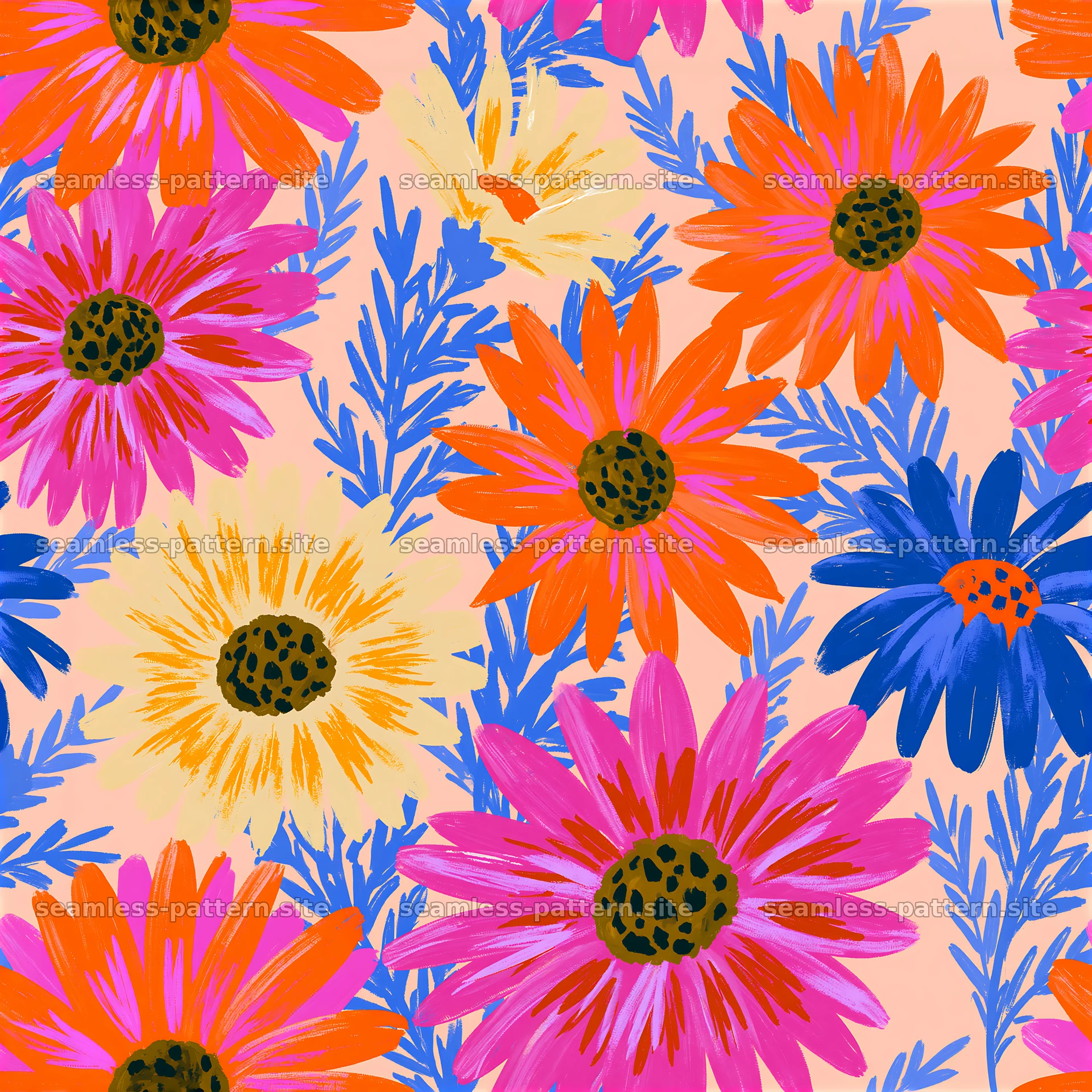 Colorful daisy seamless pattern with bright flowers and green leaves seamless pattern preview