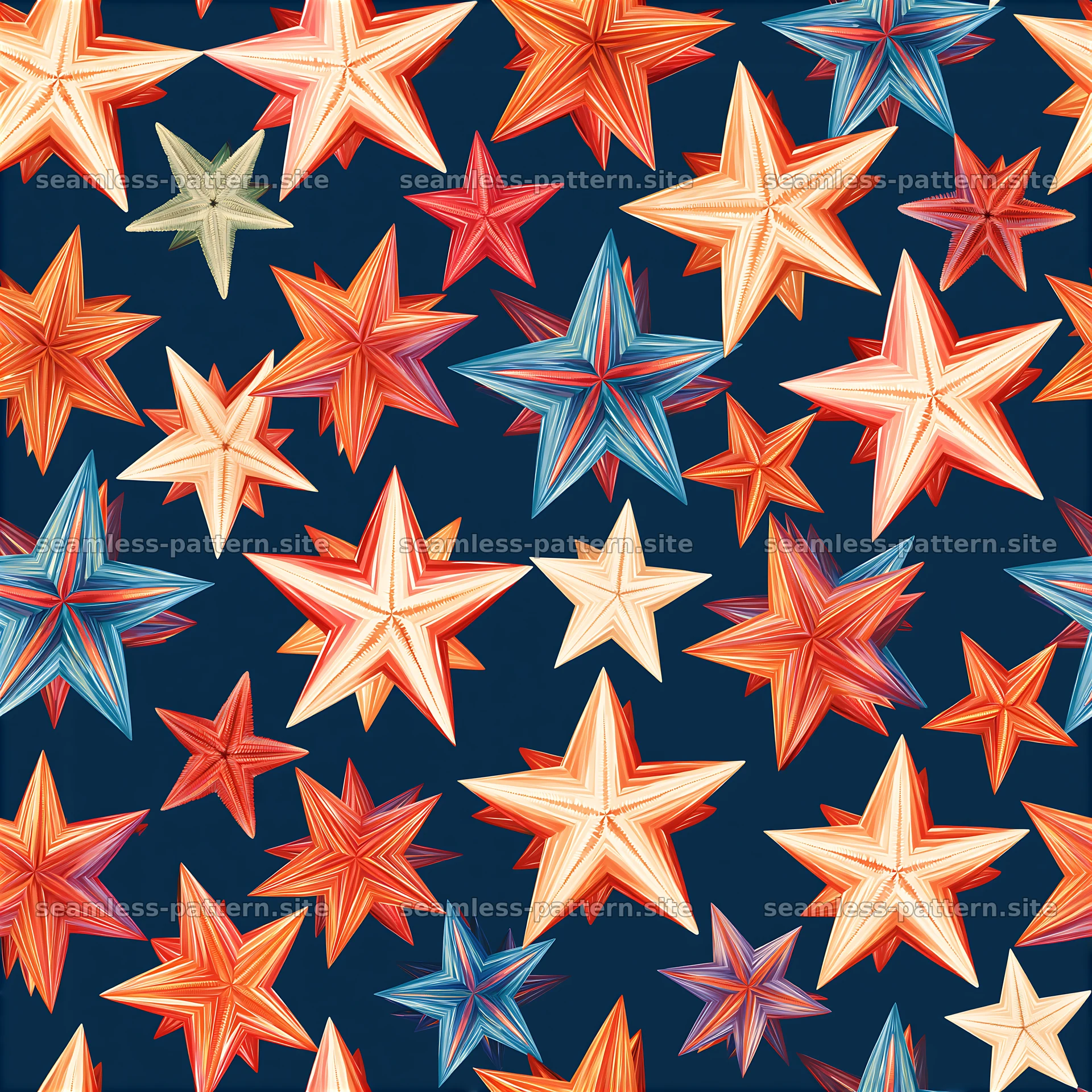 Colorful star seamless pattern on a dark blue background with layered seamless pattern preview