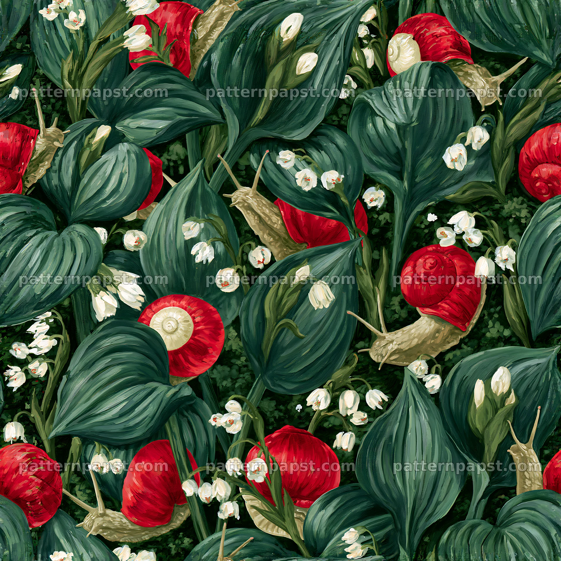 Red garden snail repeat pattern for fabric and wallpaper seamless pattern preview