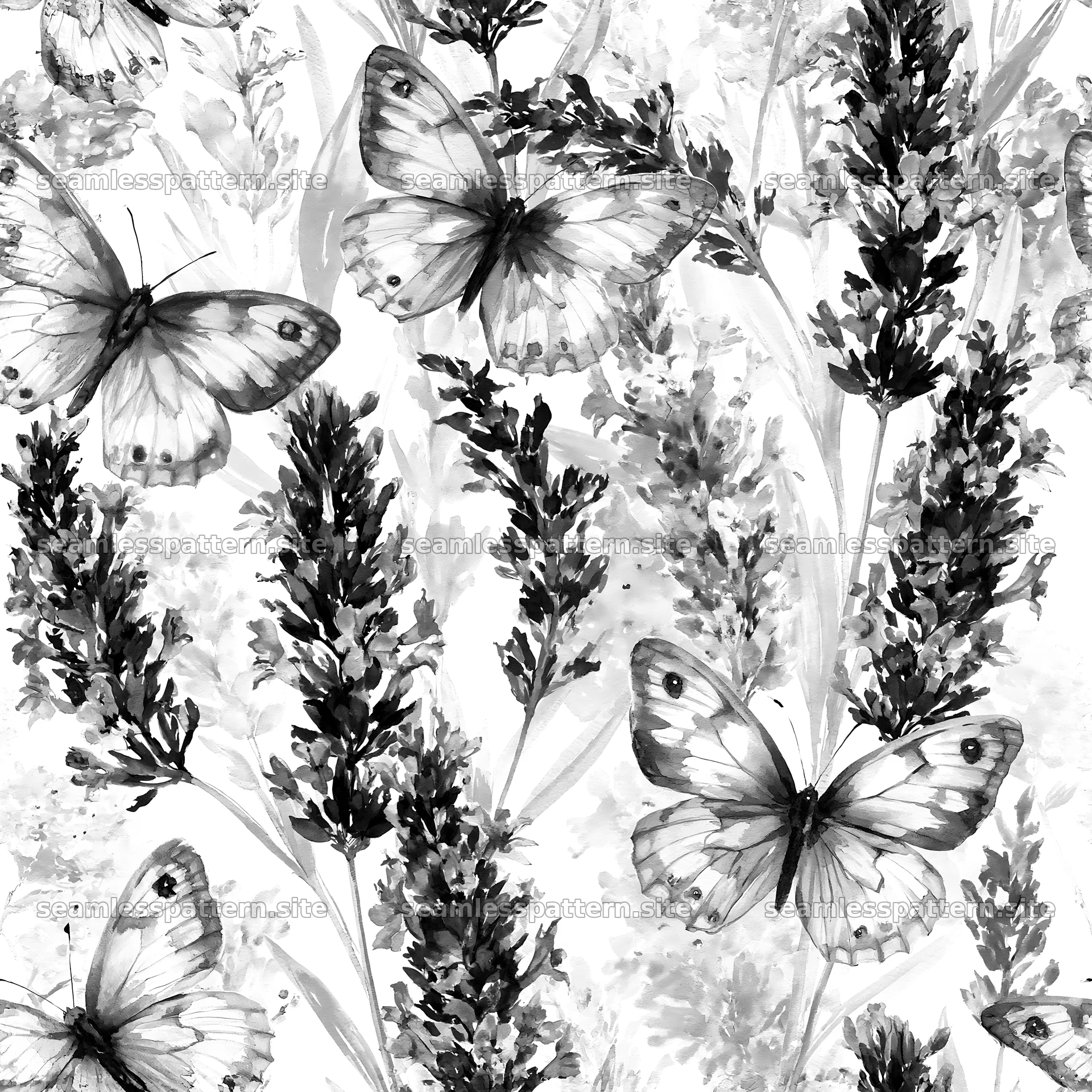 Butterfly and lavender seamless pattern in black and white seamless pattern preview