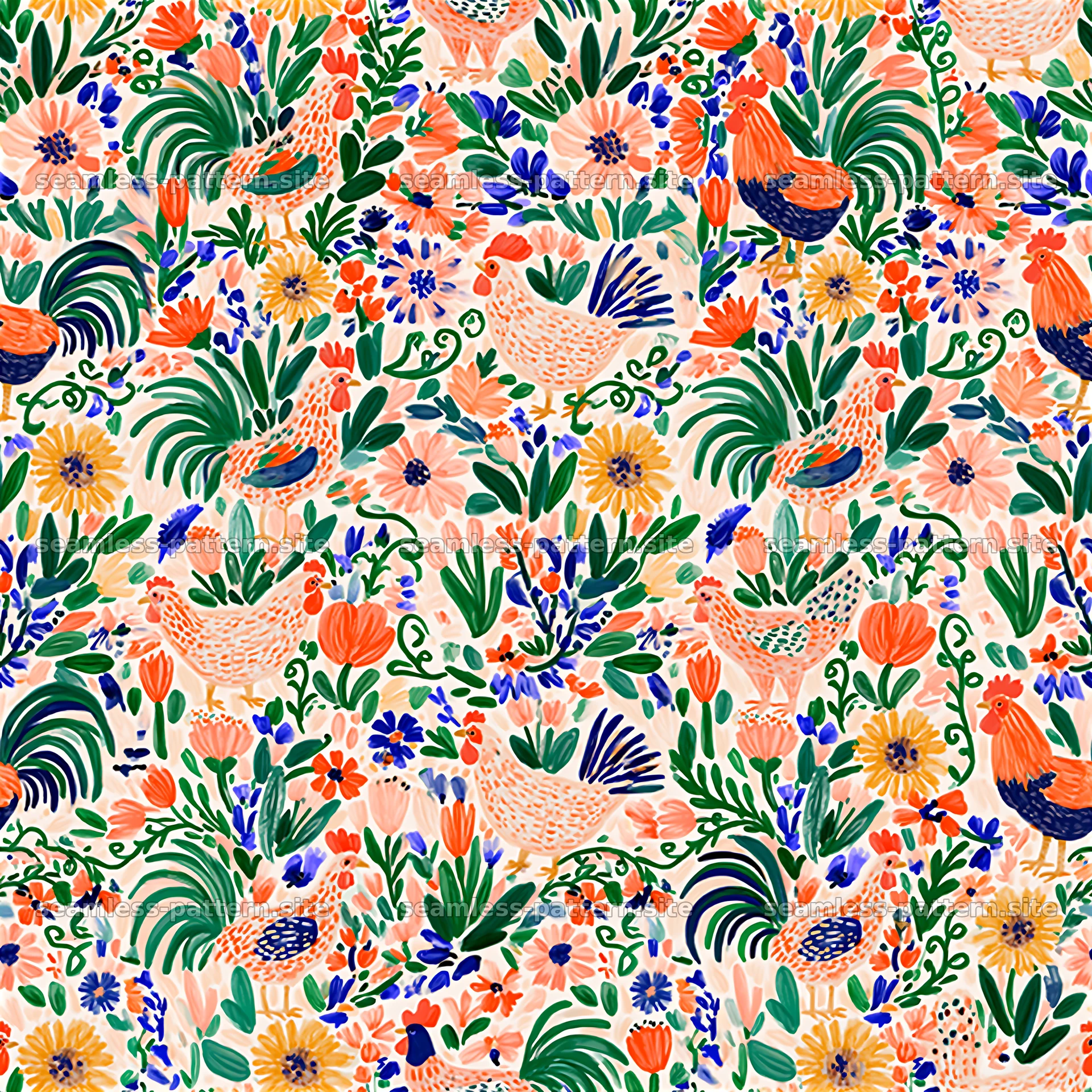 Colorful folk art seamless pattern featuring birds and flowers seamless pattern preview