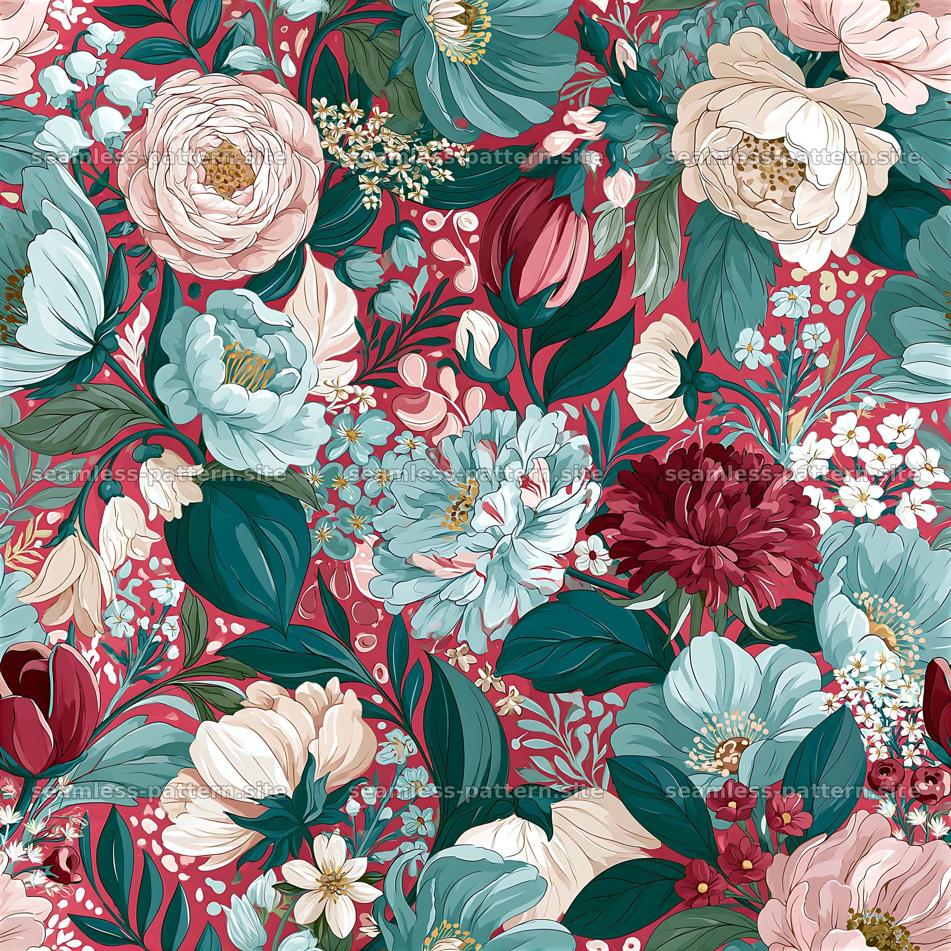 Floral design featuring roses and peonies on a dark background seamless pattern preview