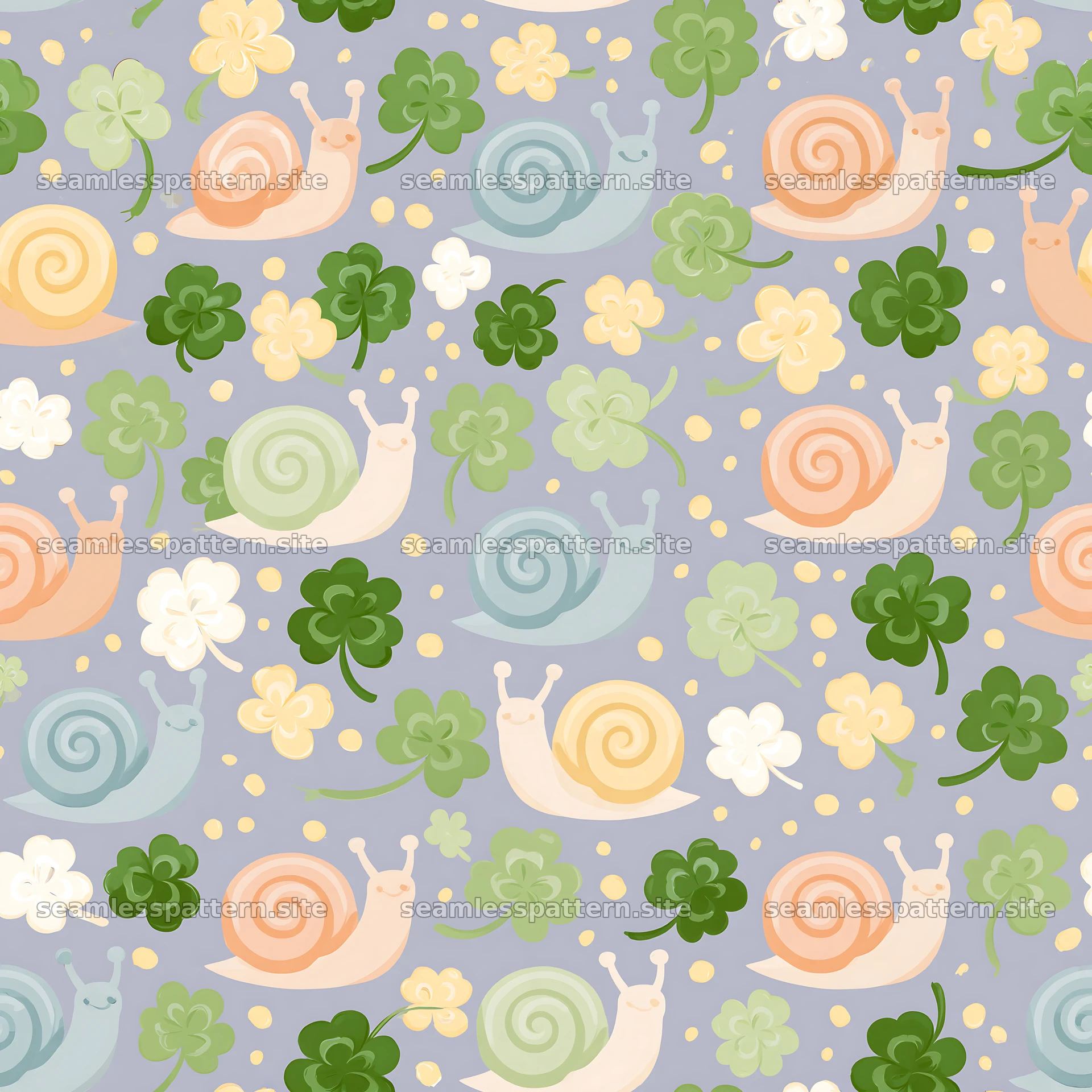 Seamless pattern of snails and clover leaves seamless pattern preview
