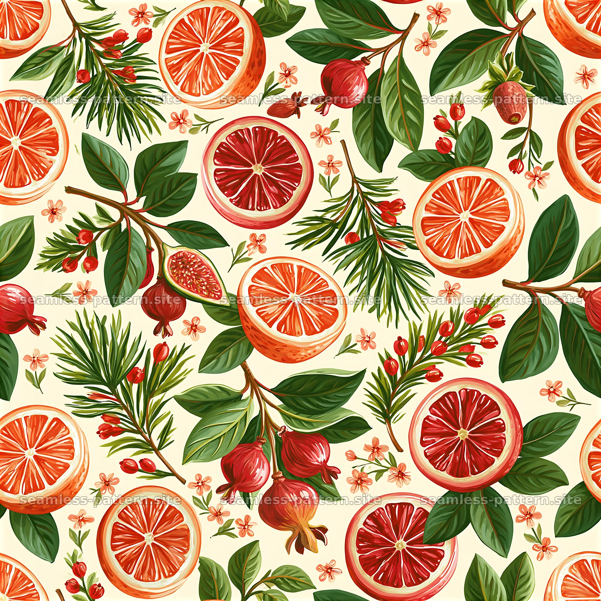 Colorful hand painted citrus and pomegranate seamless pattern seamless pattern preview