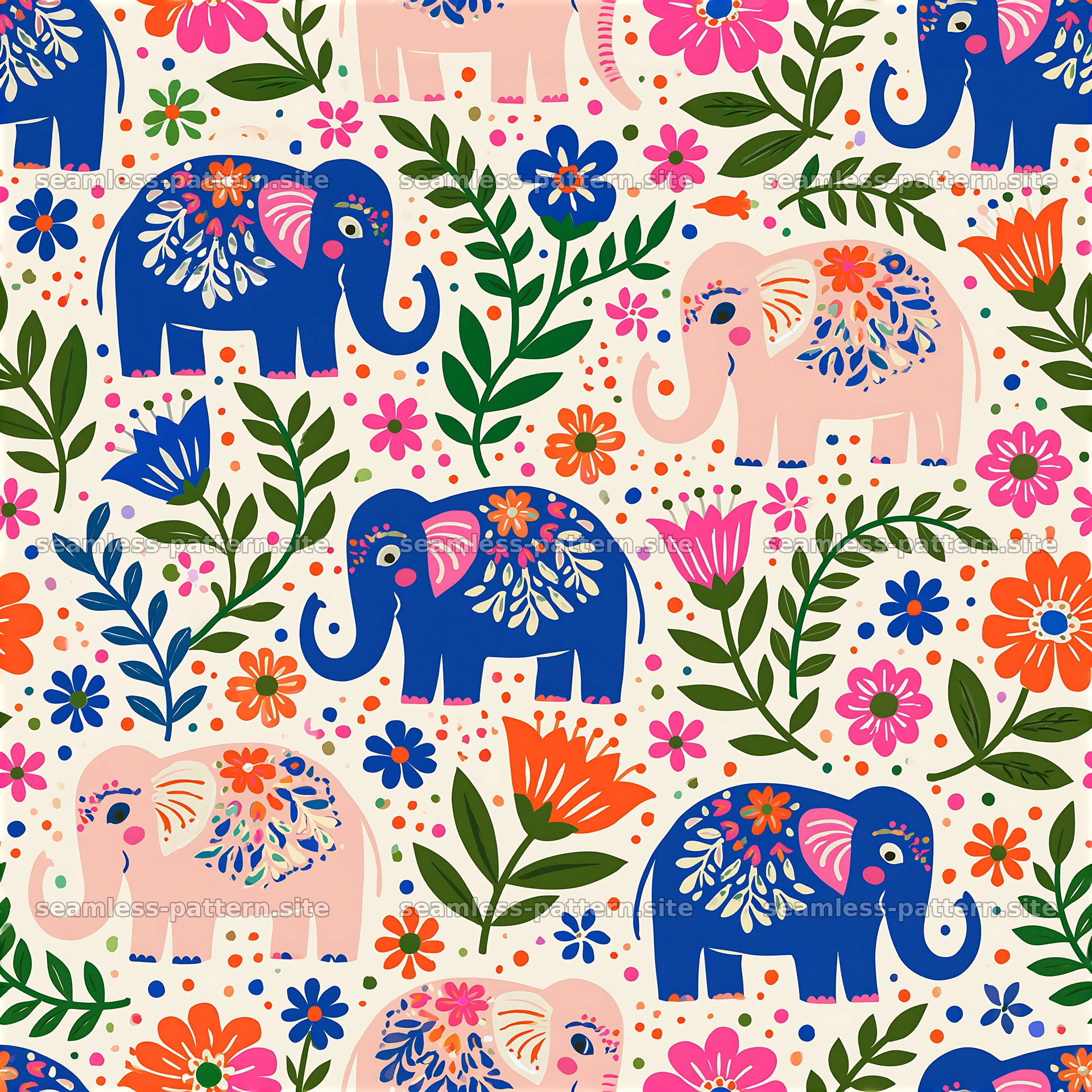 Colorful elephants and flowers in a playful seamless pattern seamless pattern preview