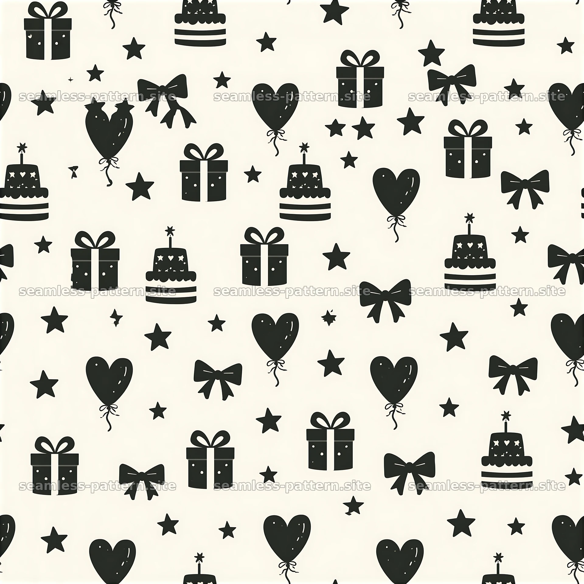 Black and white seamless pattern with birthday motifs and shapes seamless pattern preview
