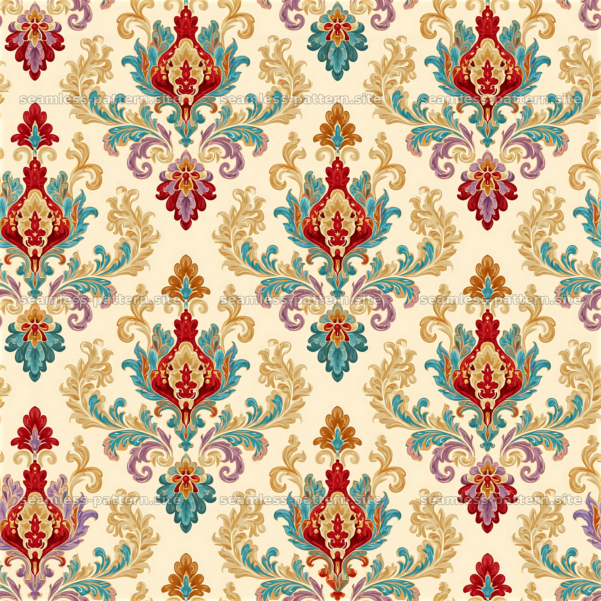 Colorful damask seamless pattern featuring rich floral motifs in seamless pattern preview