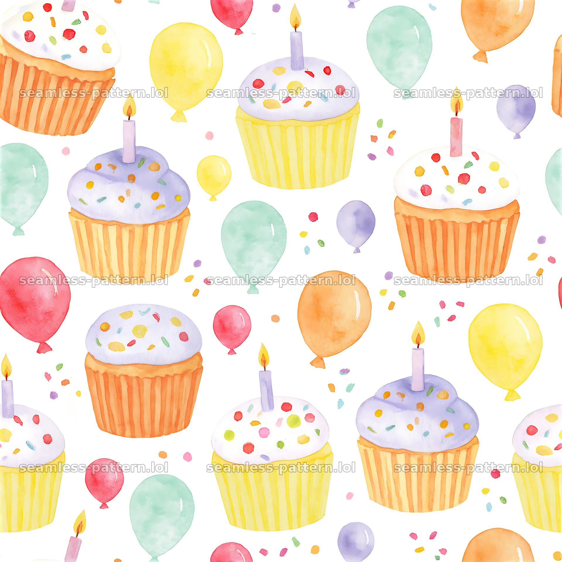 Birthday watercolor seamless pattern featuring cupcakes and balloons seamless pattern preview