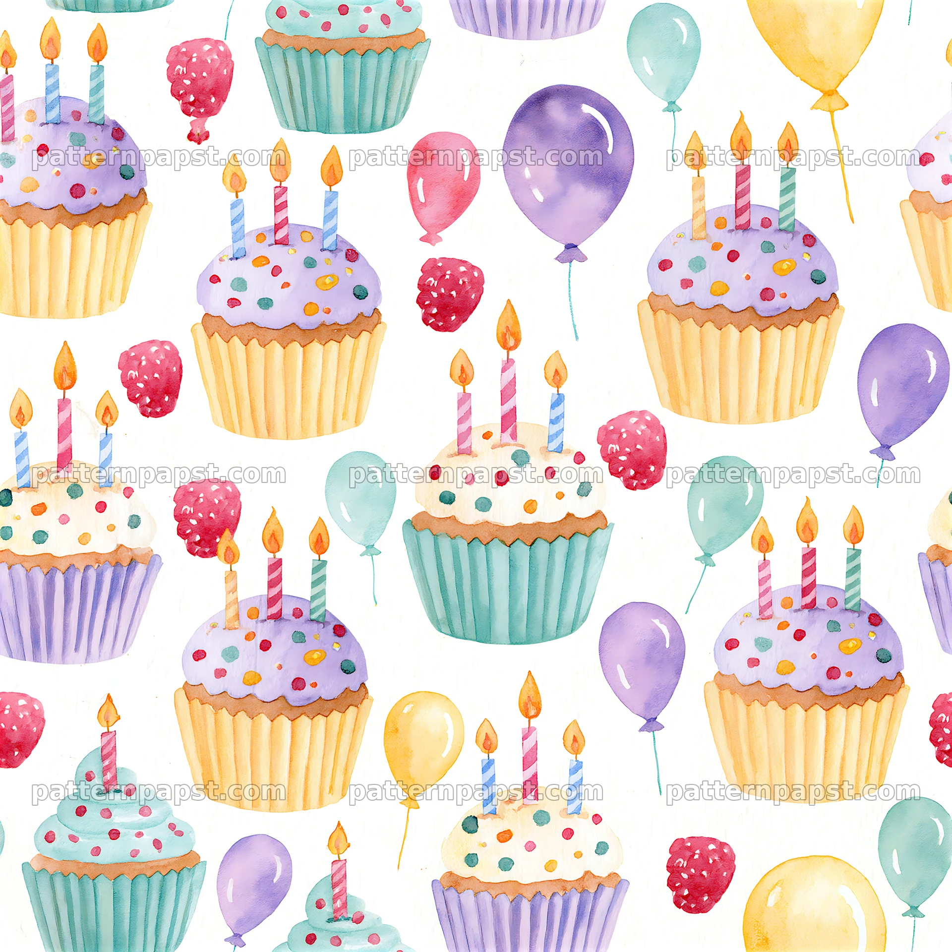 Birthday watercolor seamless pattern with cakes and balloons seamless pattern preview