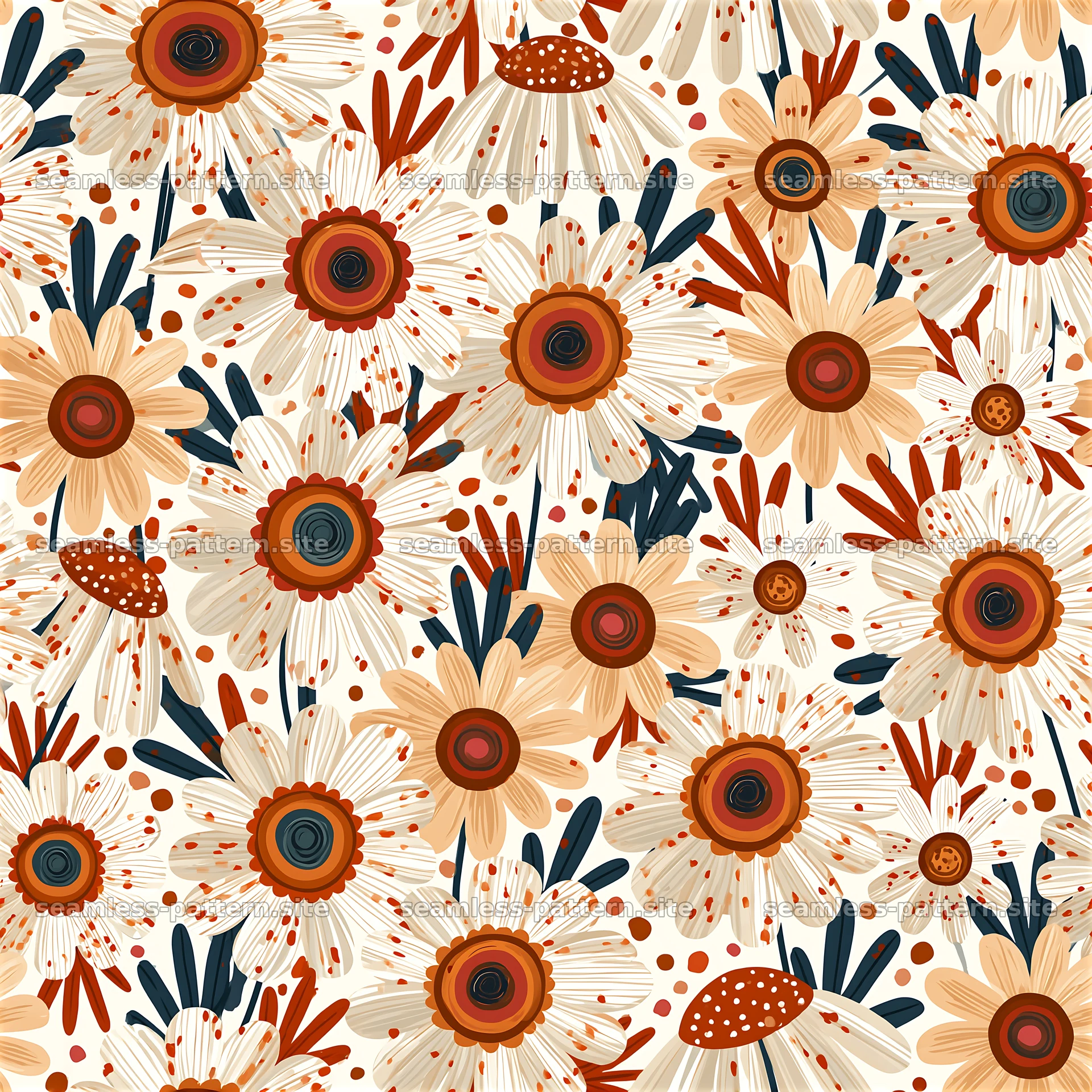 Funky Daisy Floral Seamless Pattern in Warm Retro Colors seamless pattern preview