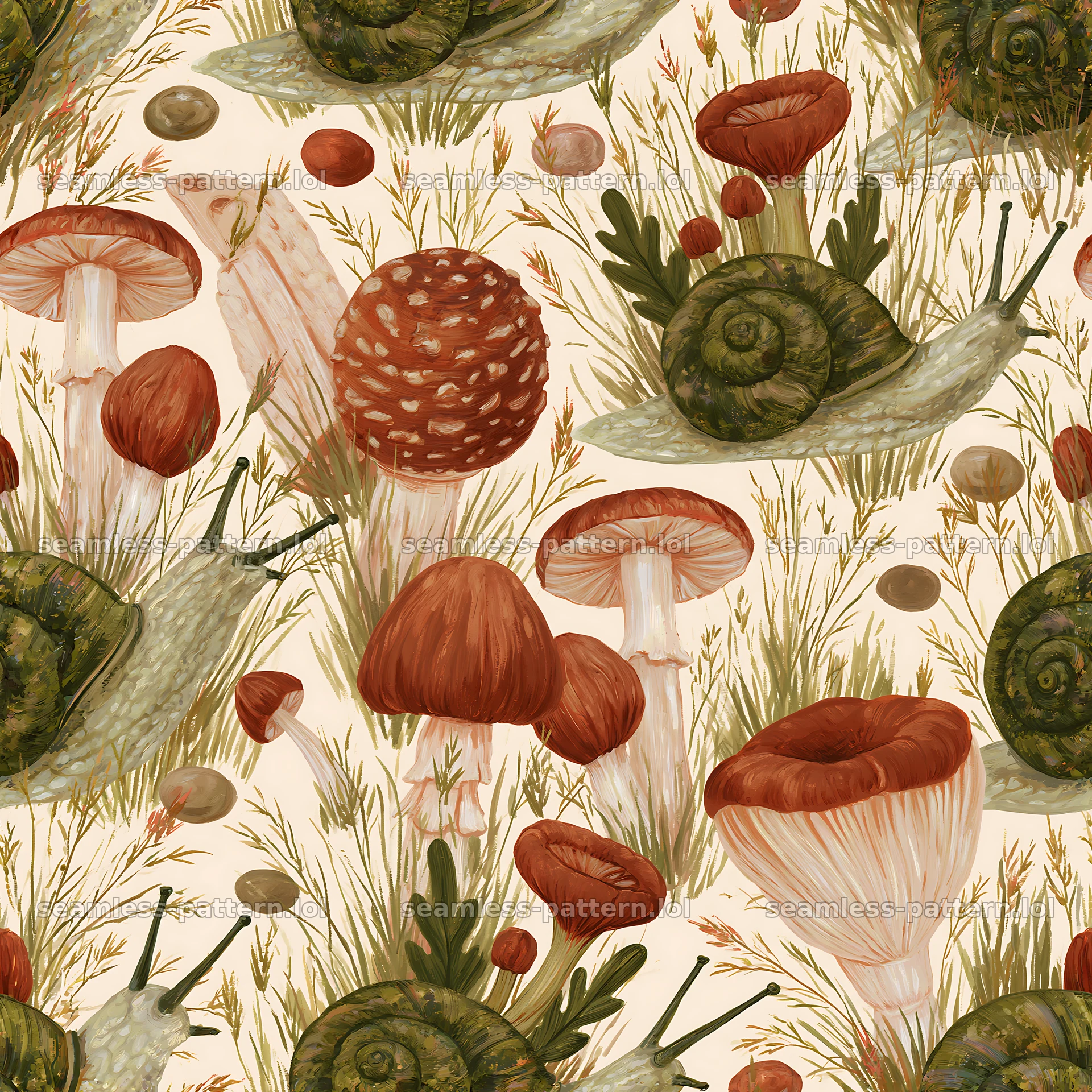 Seamless pattern featuring cute snails and mushrooms seamless pattern preview