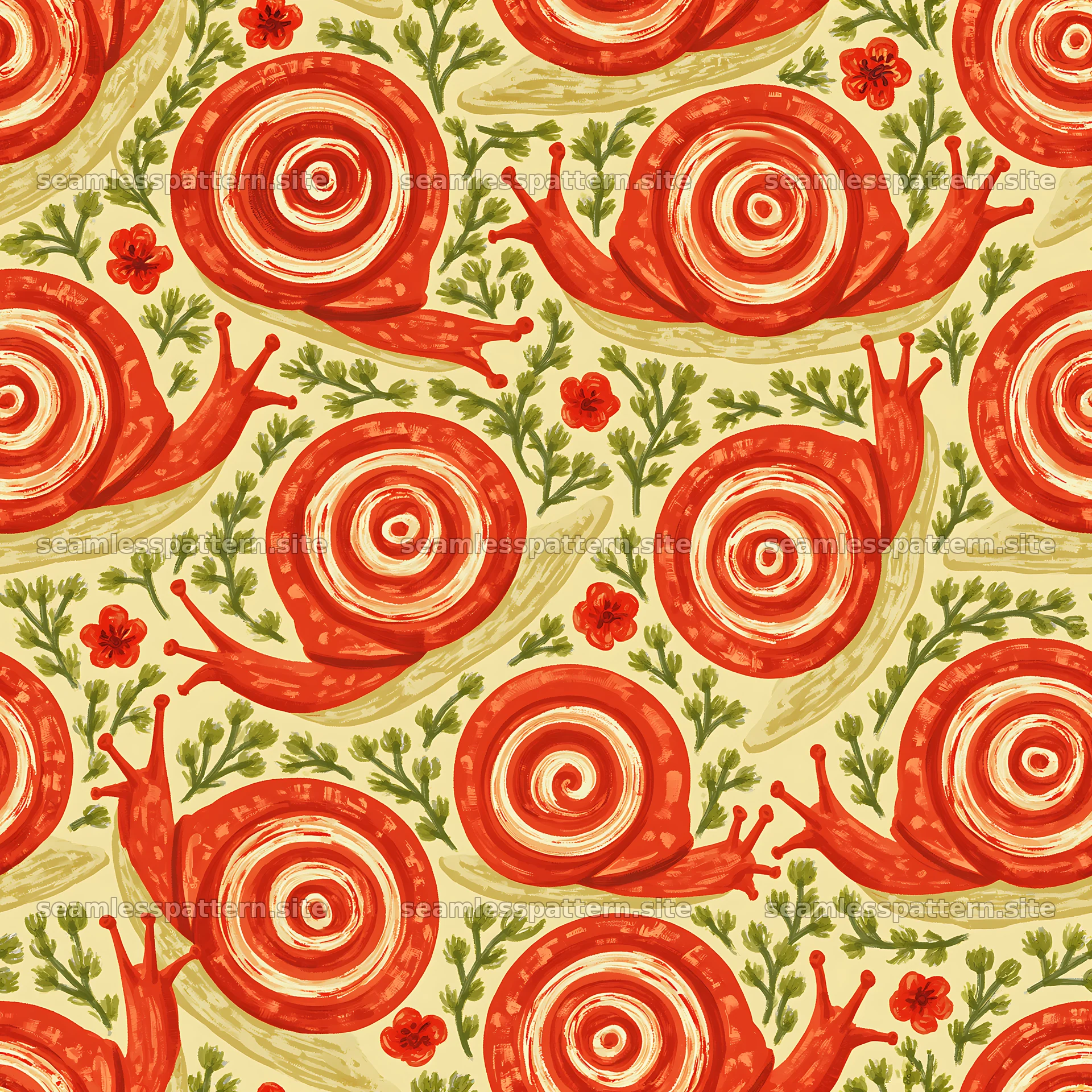 Red garden snail repeat pattern for fabric and wallpaper seamless pattern preview