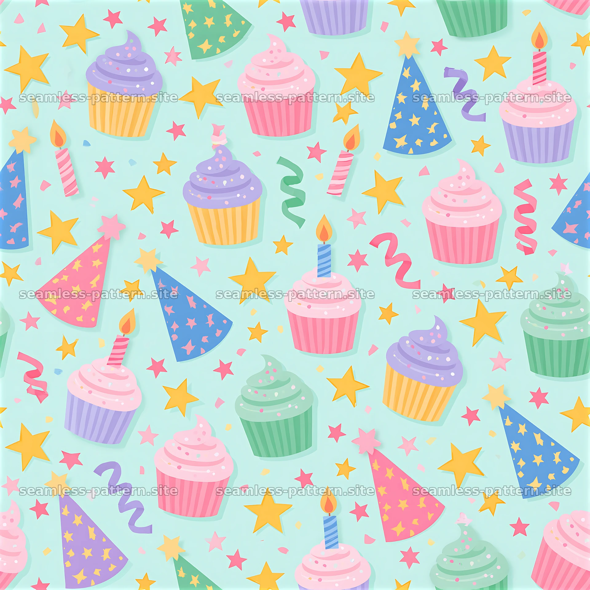 Birthday pastel seamless pattern with cupcakes and party hats seamless pattern preview