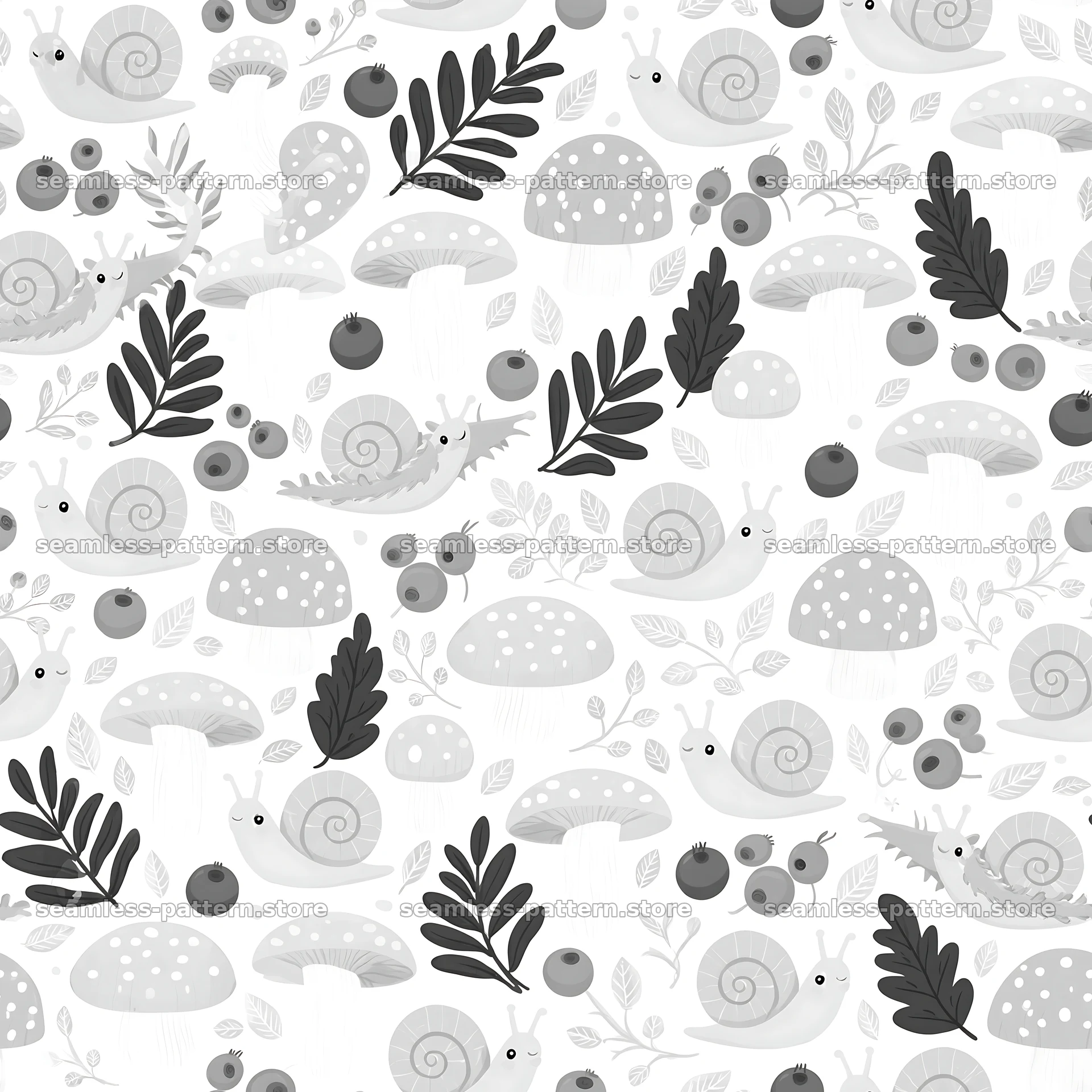 Seamless texture featuring cute snails and mushrooms seamless pattern preview