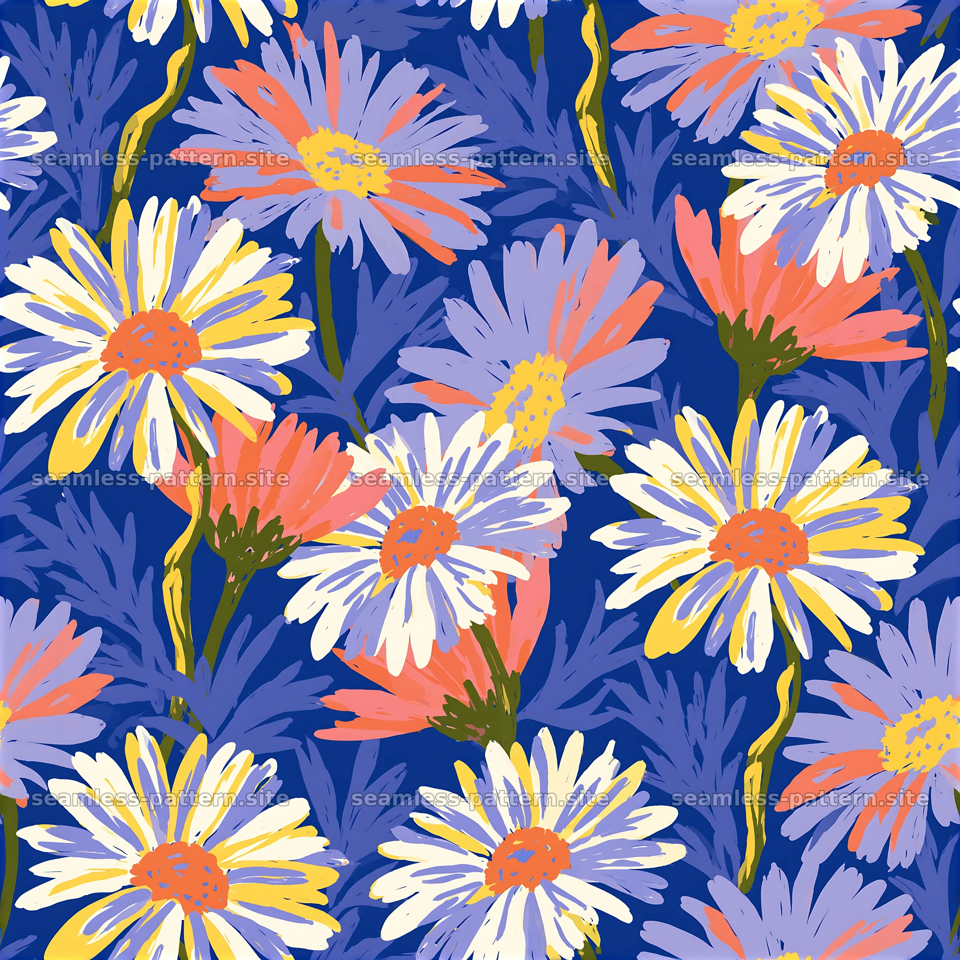 Floral daisy pattern on deep blue background seamless pattern preview