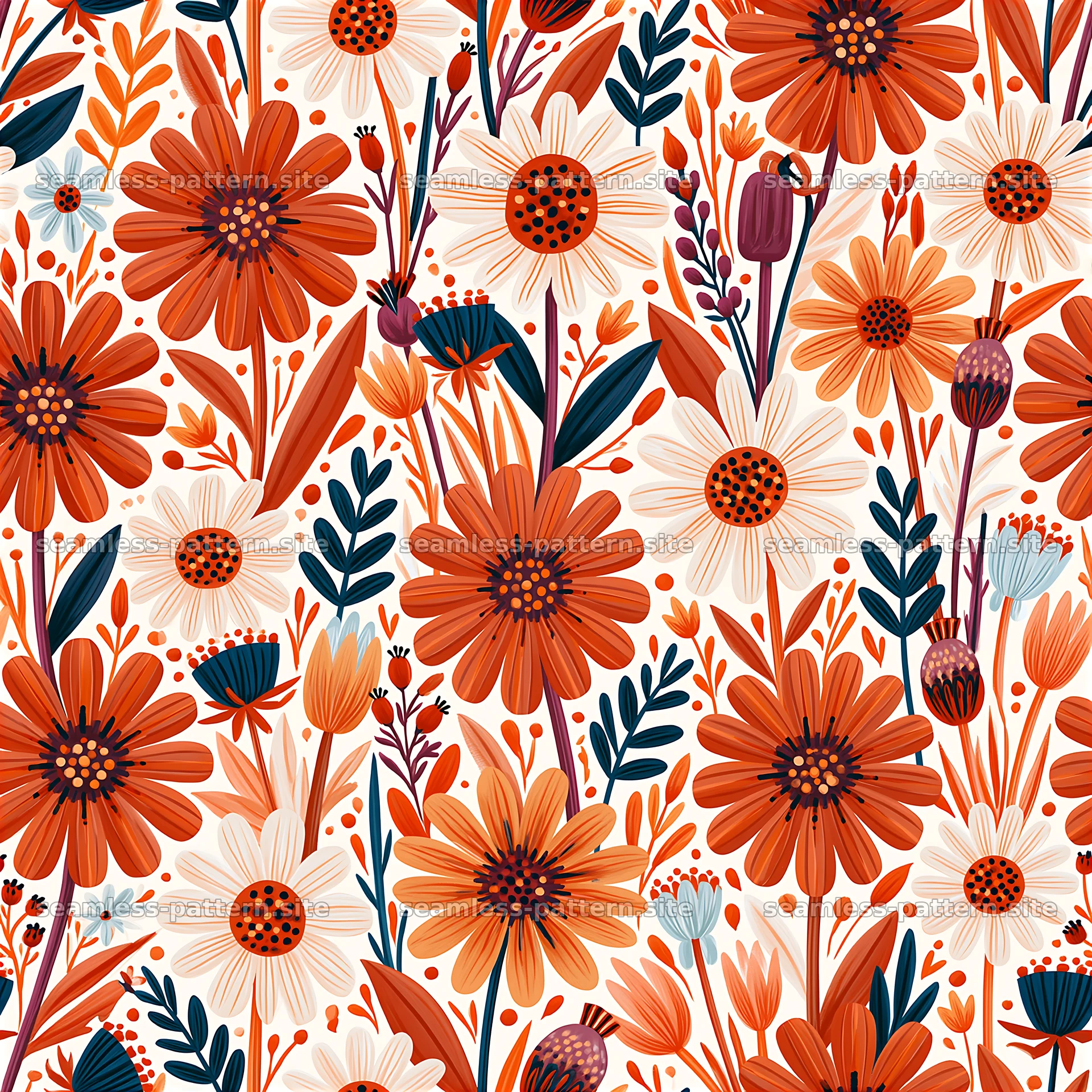 Colorful daisy seamless pattern with flowers in red and yellow shades seamless pattern preview