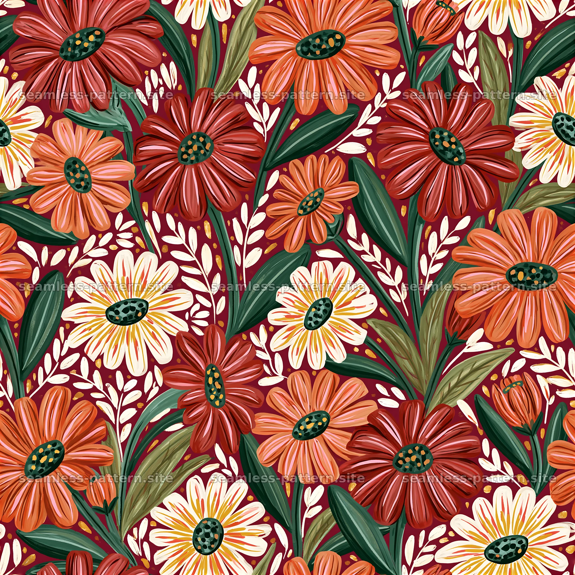 Colorful floral seamless pattern with daisies on a dark background seamless pattern preview