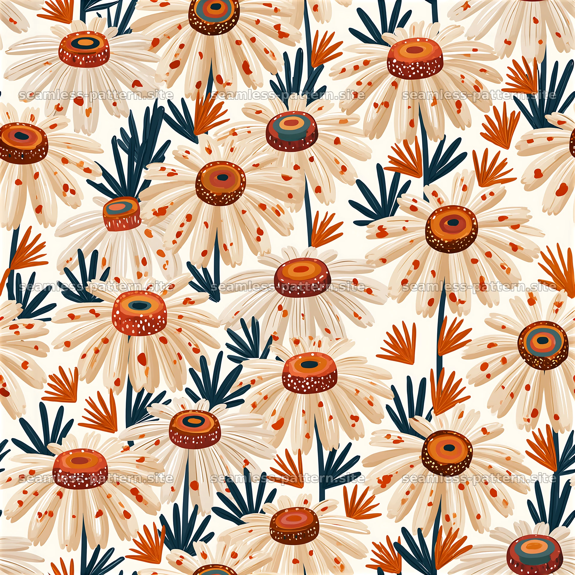 Funky daisy seamless pattern with warm tones and dark accents seamless pattern preview