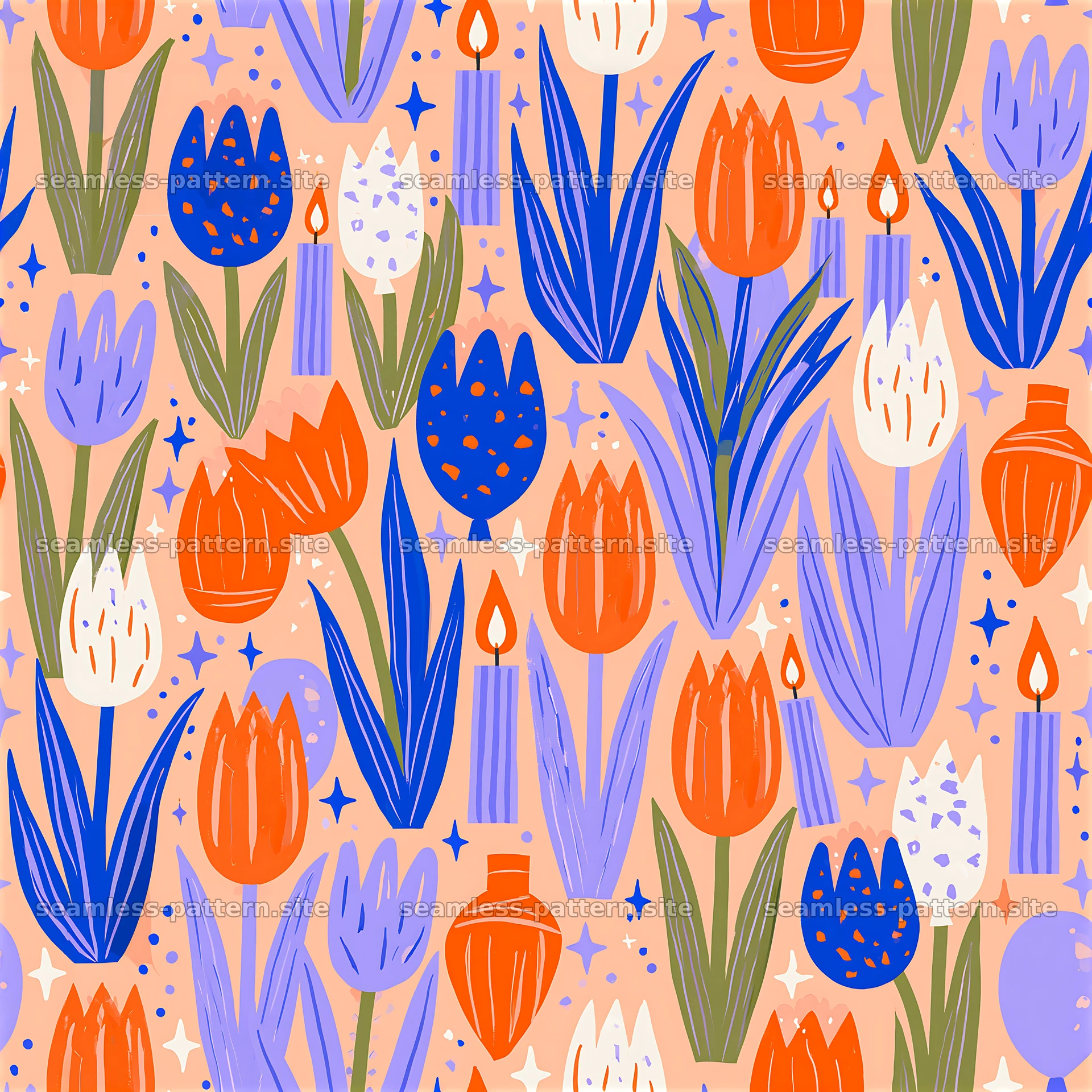 Colorful floral seamless pattern with candles and vases seamless pattern preview