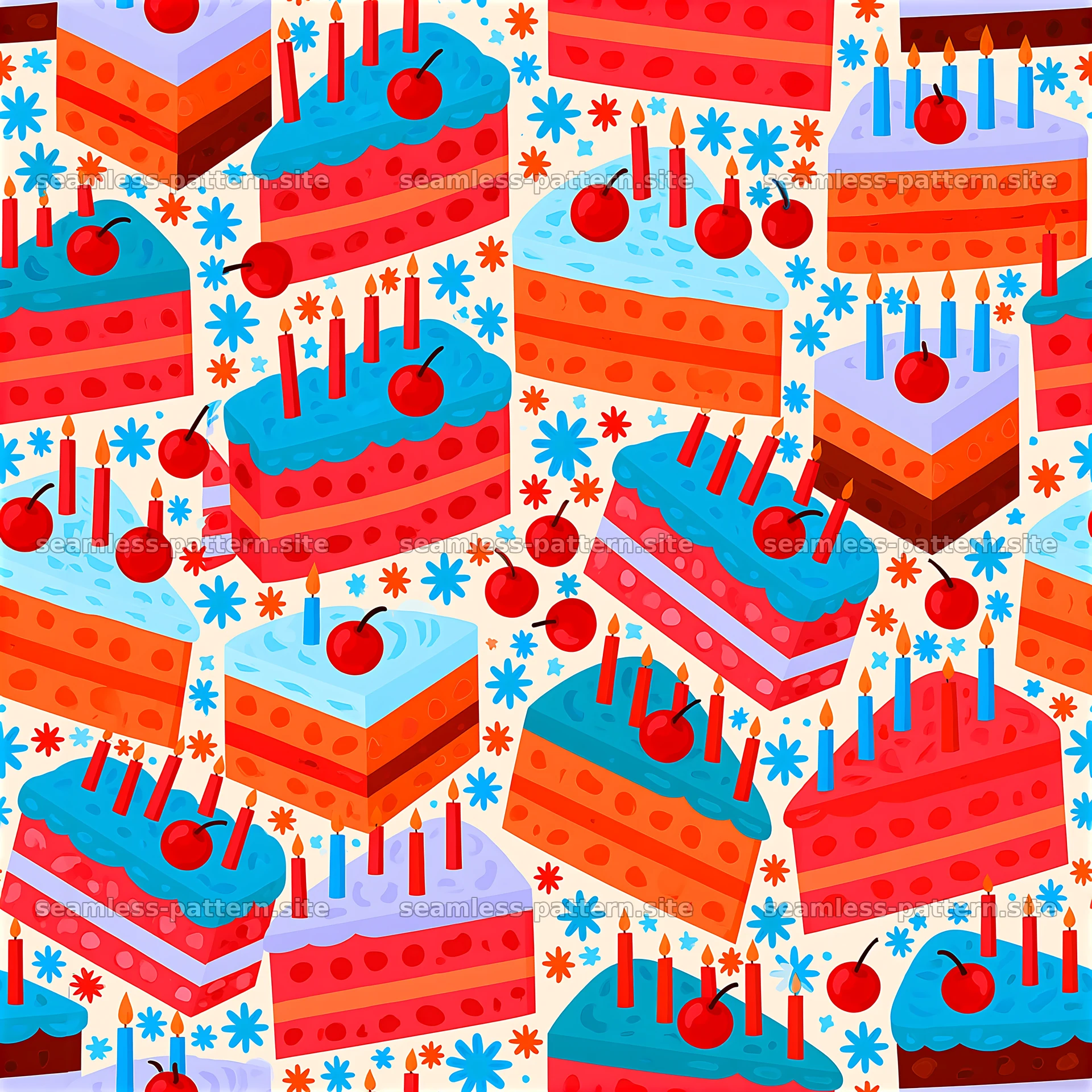 Colorful cake slices with candles in seamless pattern seamless pattern preview