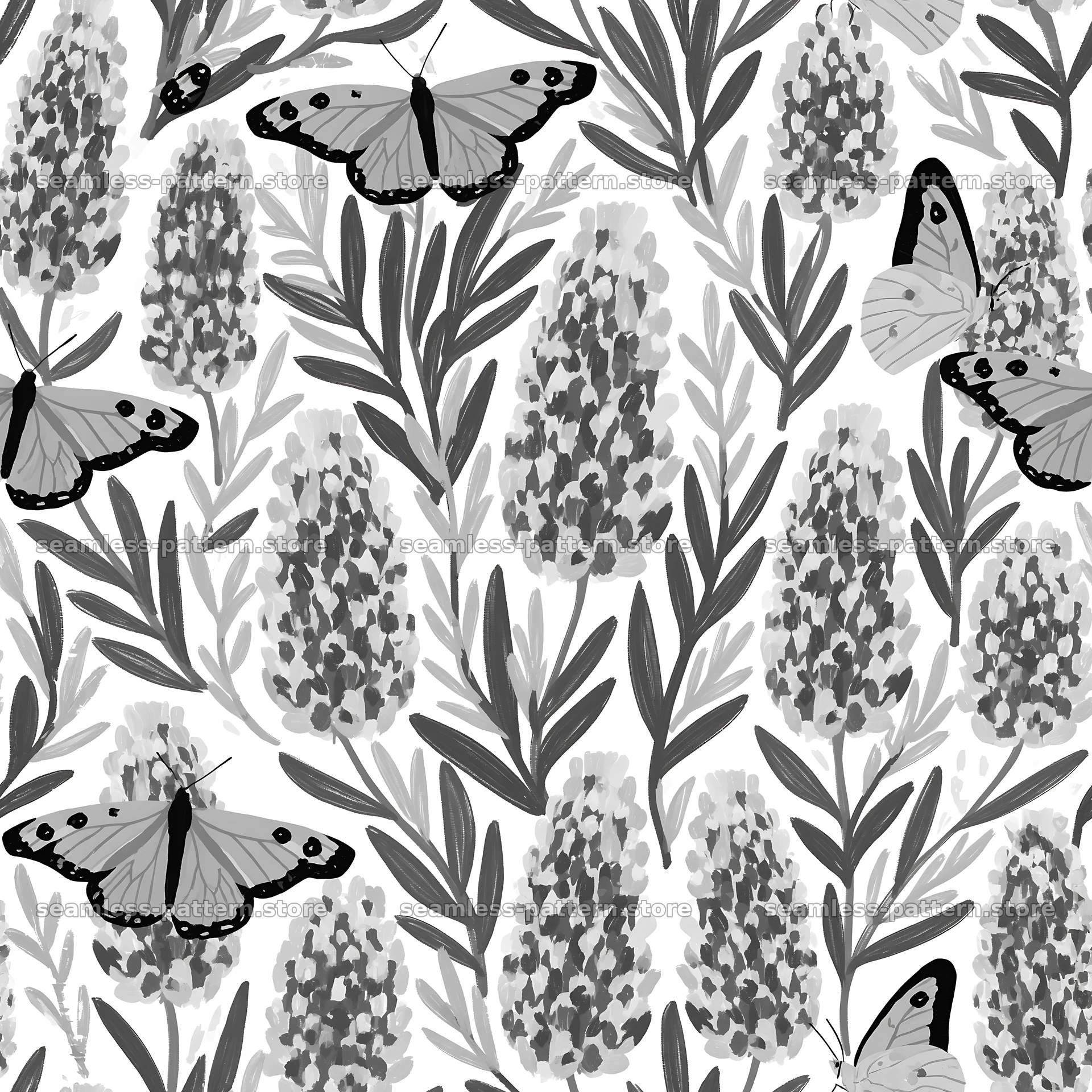 Butterfly and lavender seamless pattern design in black and white seamless pattern preview