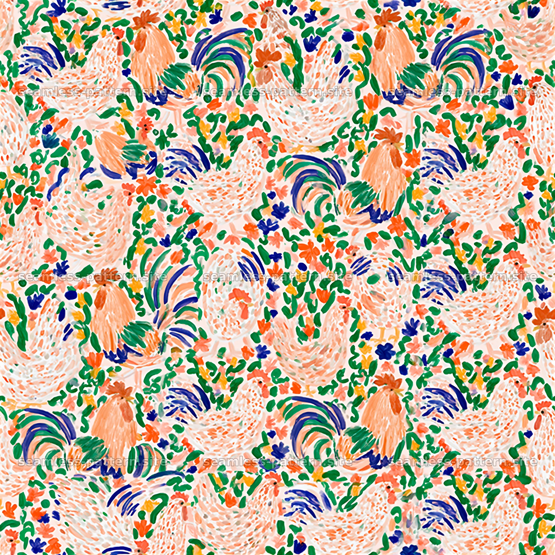 Colorful folk art seamless pattern featuring chickens and flowers seamless pattern preview