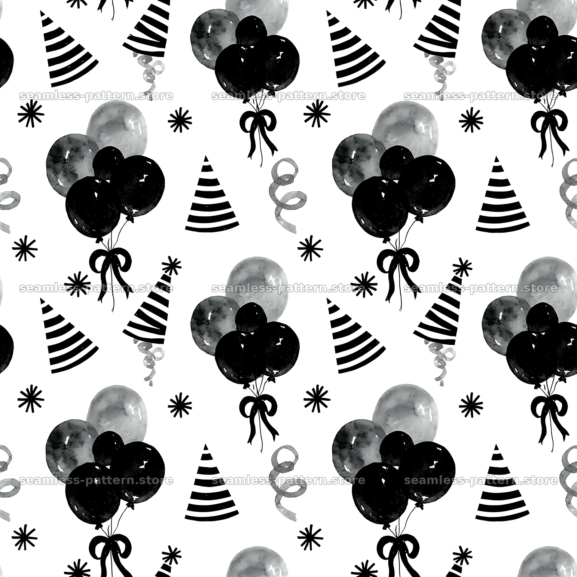 Birthday black and white seamless pattern with balloons and party hats seamless pattern preview