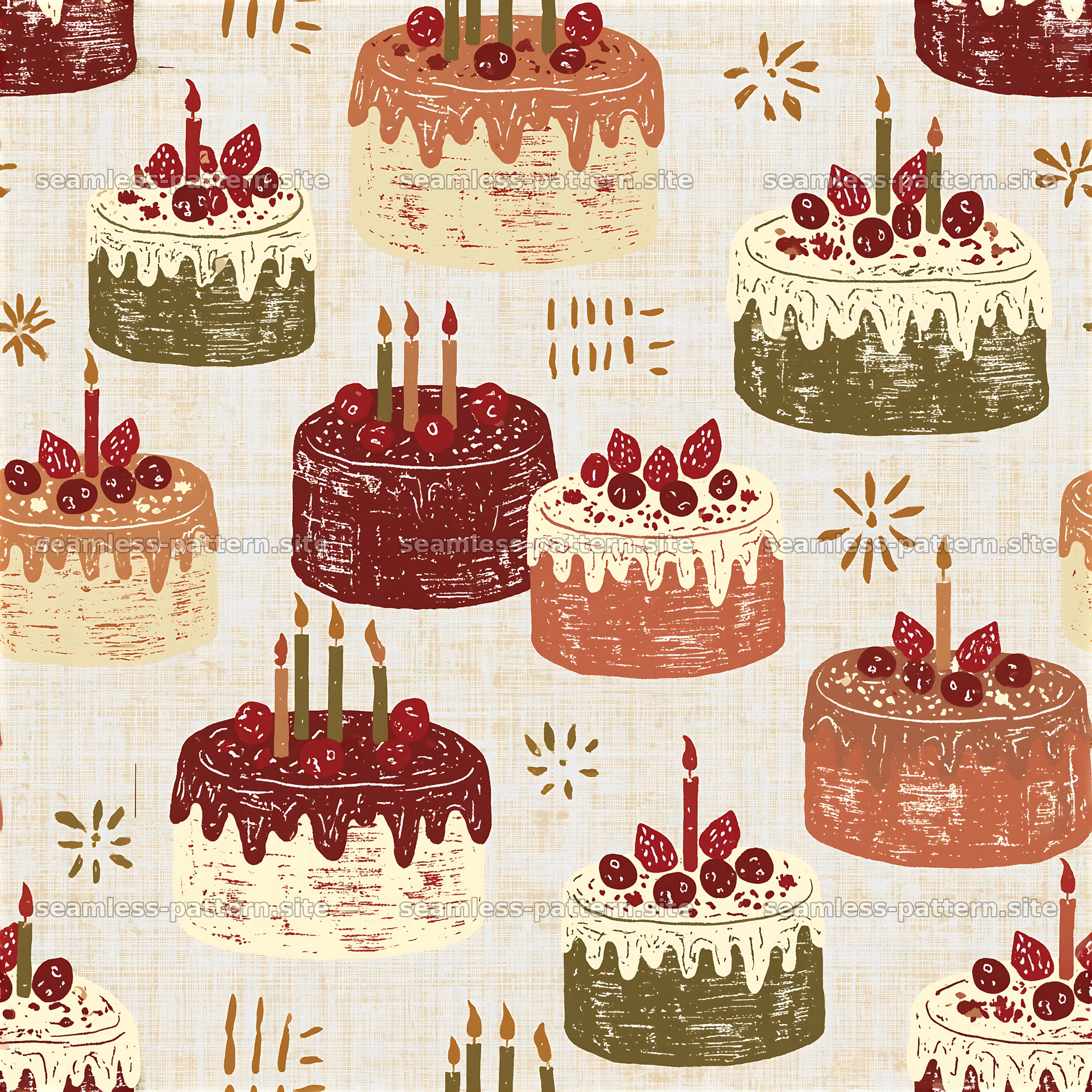 Birthday Cake Repeat Pattern with Candles and Berries seamless pattern preview