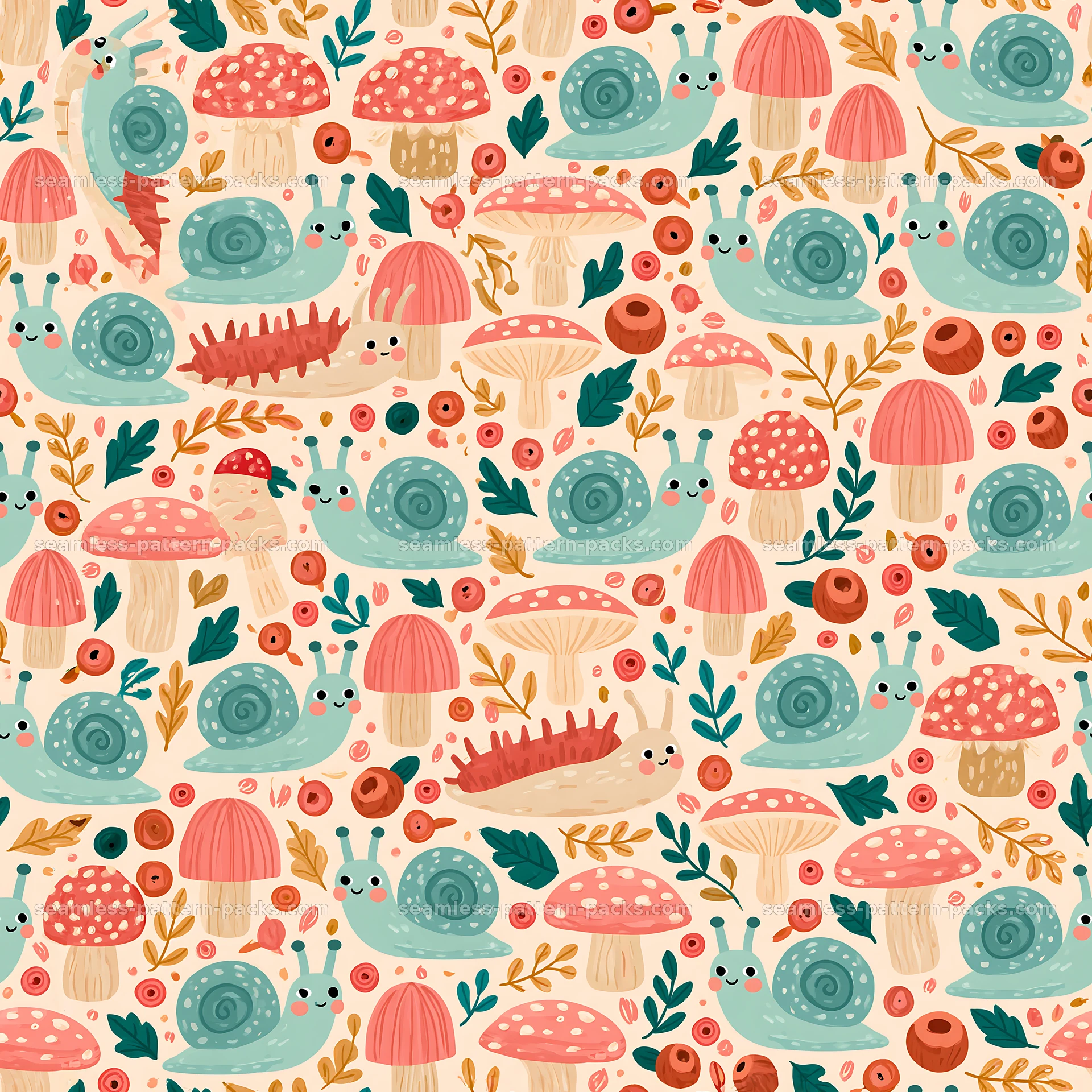 Seamless pattern featuring cute snails and mushrooms seamless pattern preview
