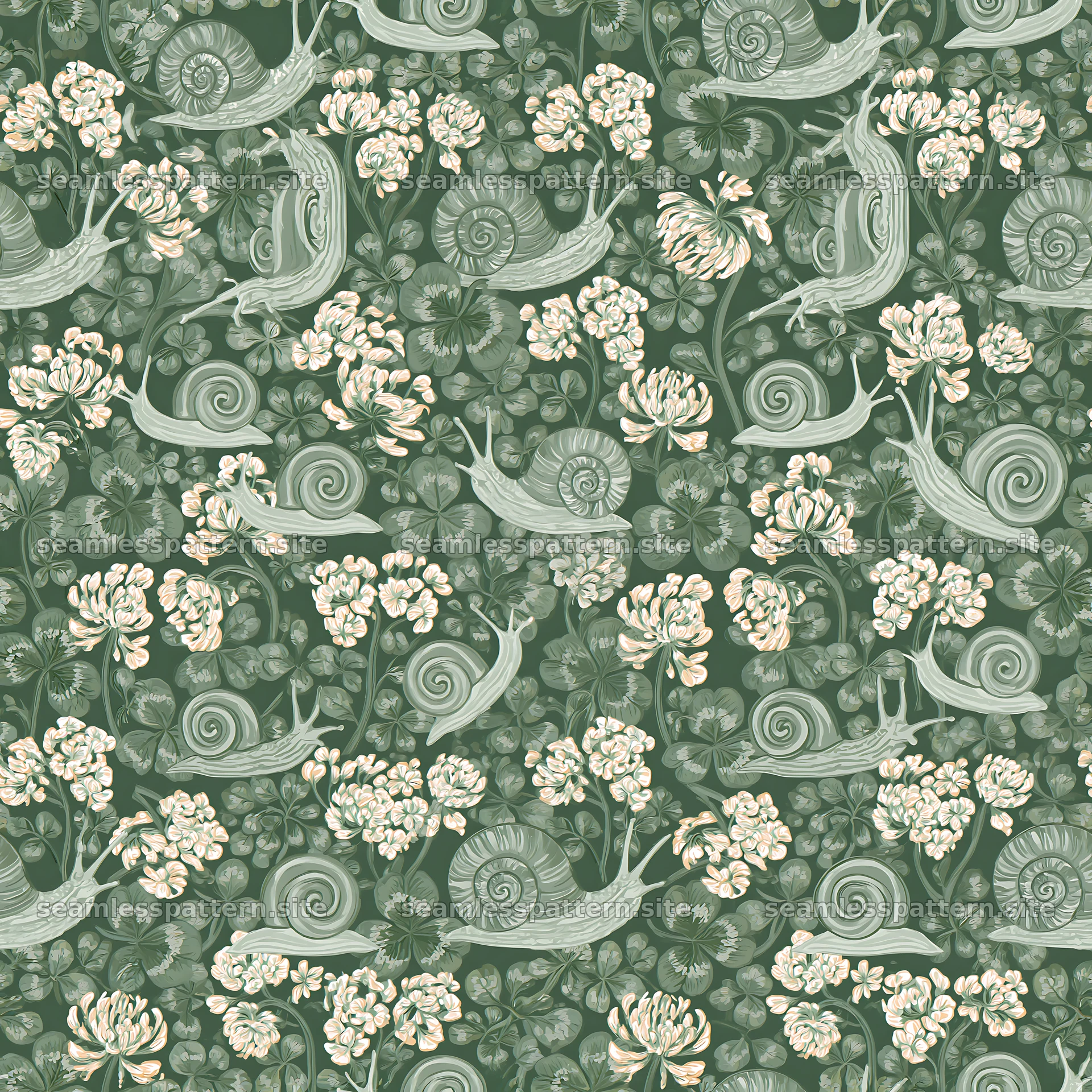 Seamless pattern of snails and clover leaves seamless pattern preview
