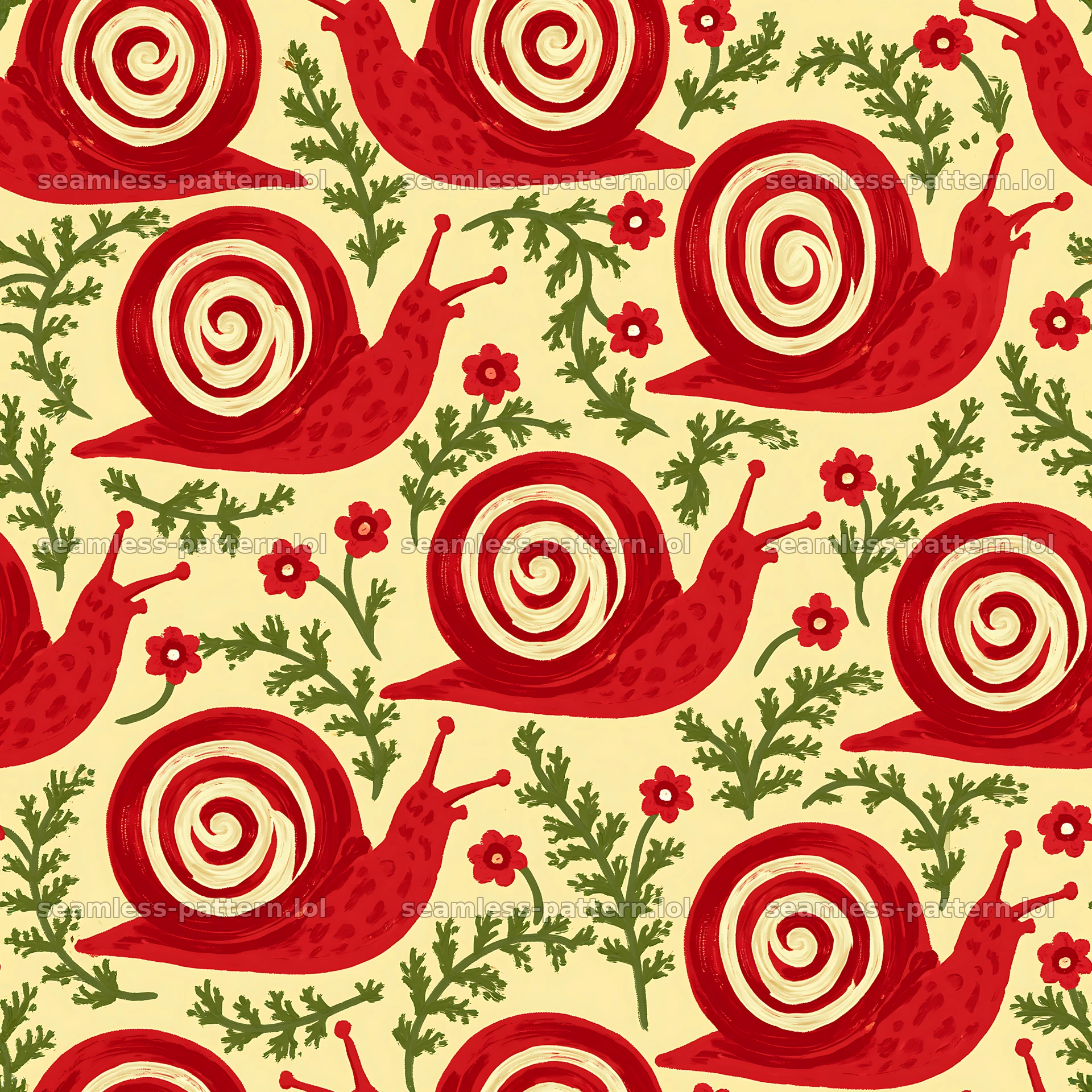 Red garden snail repeat pattern for fabric and wallpaper seamless pattern preview