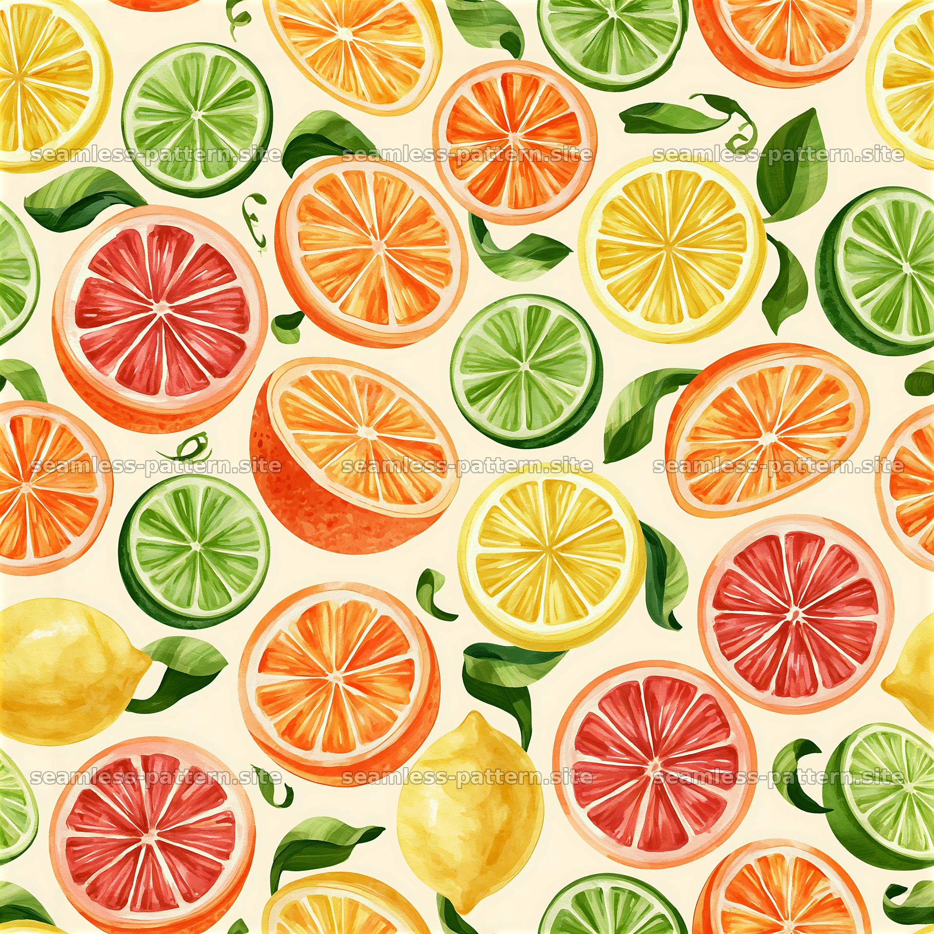 Colorful citrus seamless pattern with fruits and green leaves seamless pattern preview