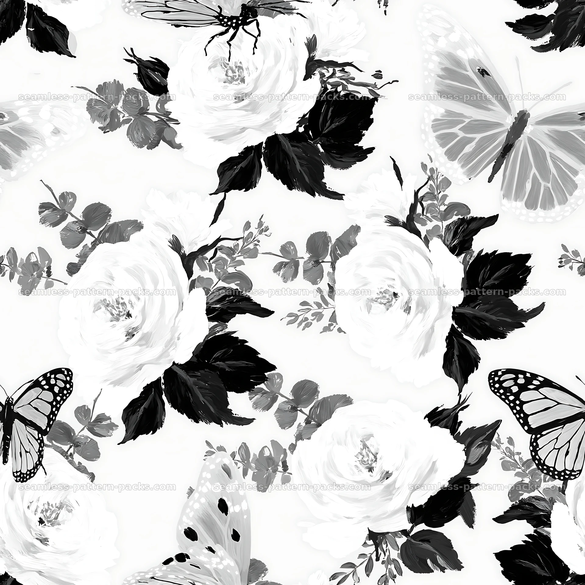 Butterfly and rose seamless pattern in black and white seamless pattern preview