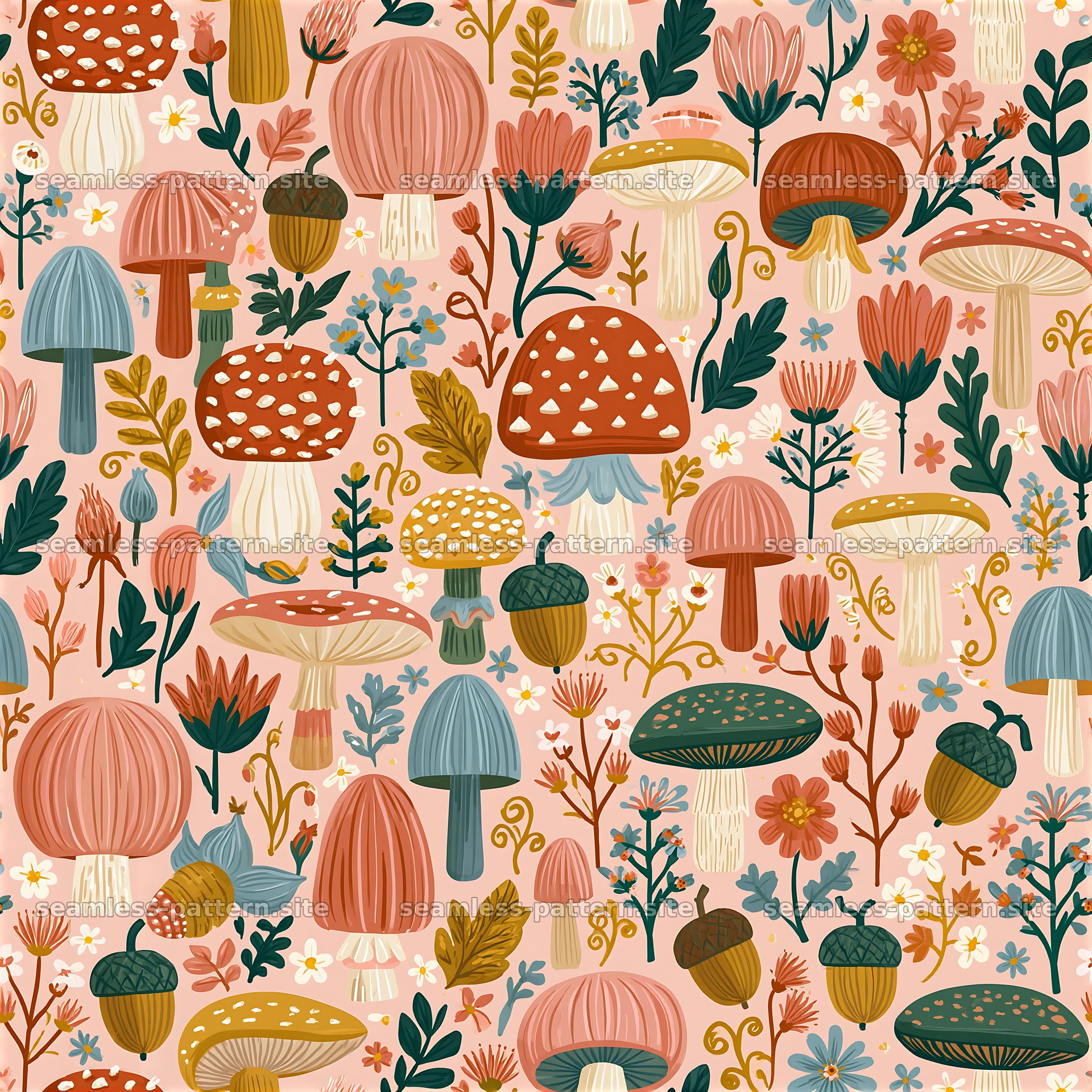 Colorful folk art seamless pattern with mushrooms and flowers seamless pattern preview