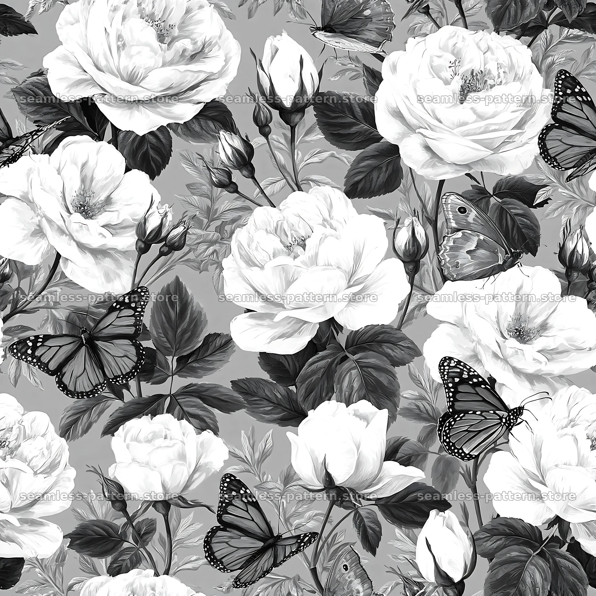 Butterfly and rose seamless pattern in black and white seamless pattern preview