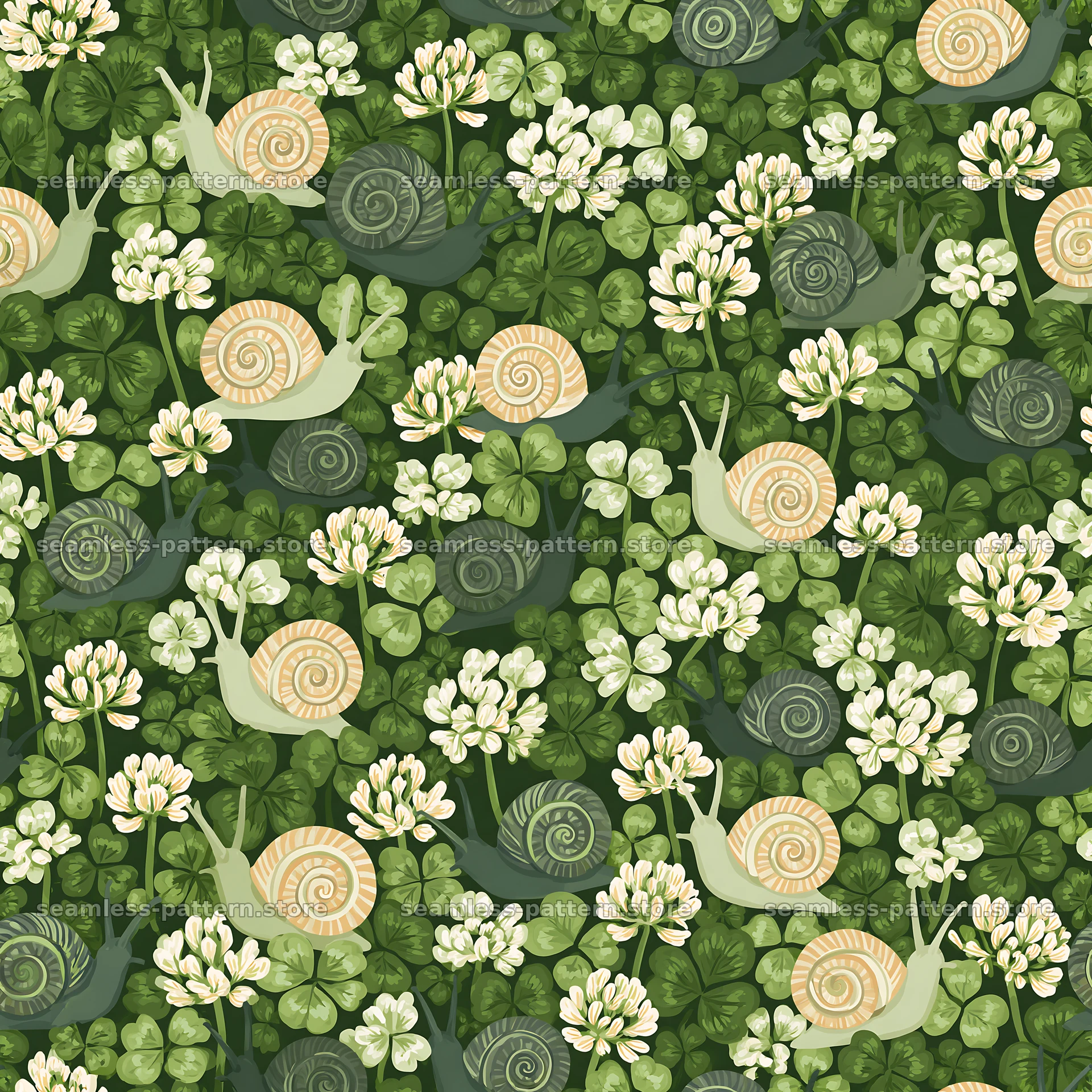 Seamless pattern of snails and clover leaves seamless pattern preview