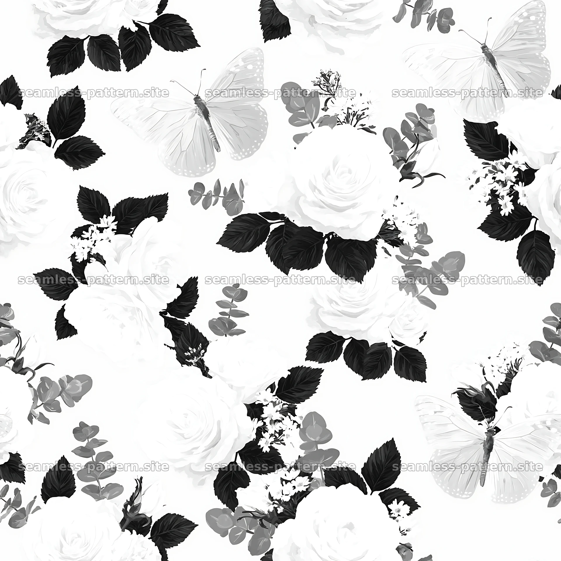 Butterfly and rose seamless pattern in black and white seamless pattern preview