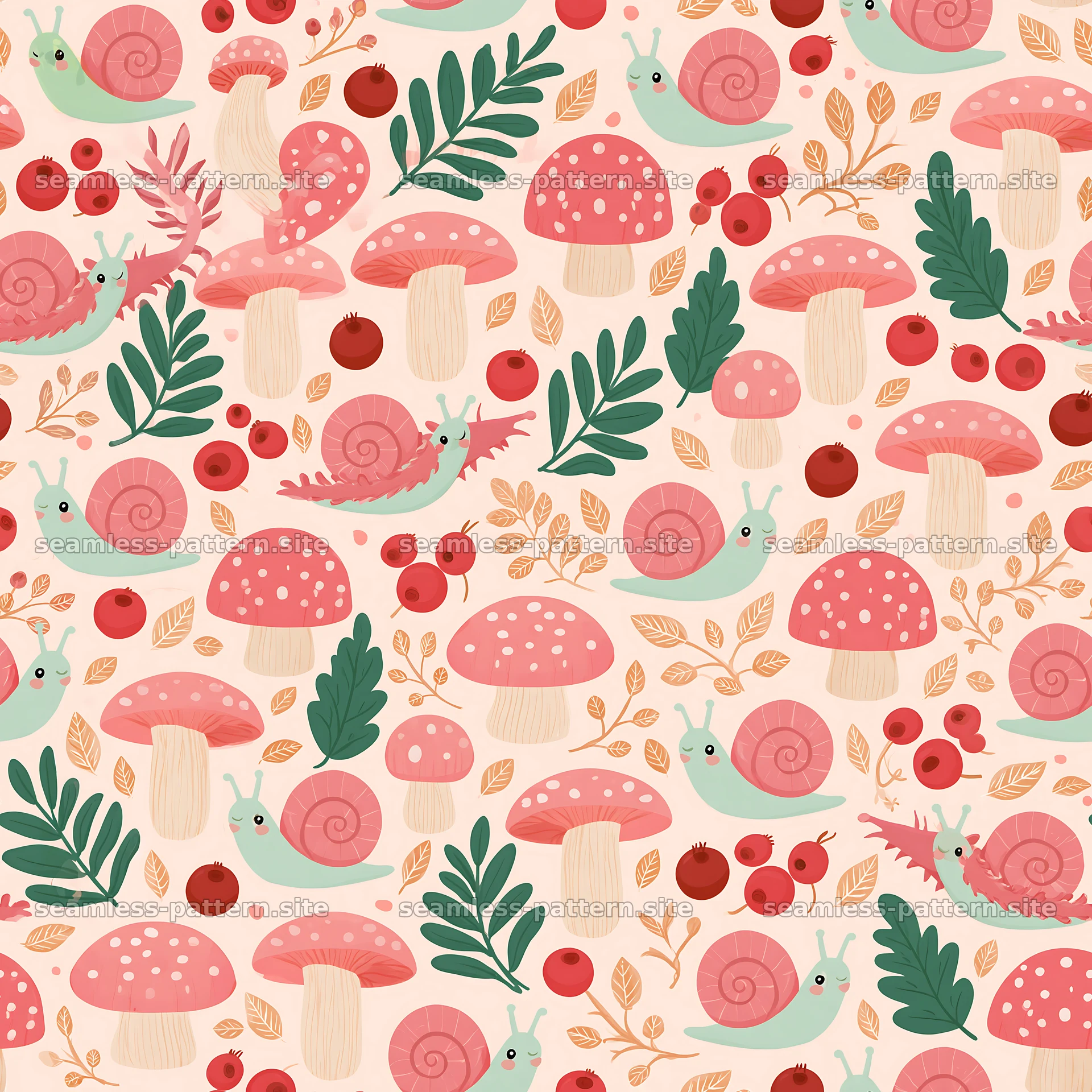 Seamless pattern featuring cute snails and mushrooms seamless pattern preview