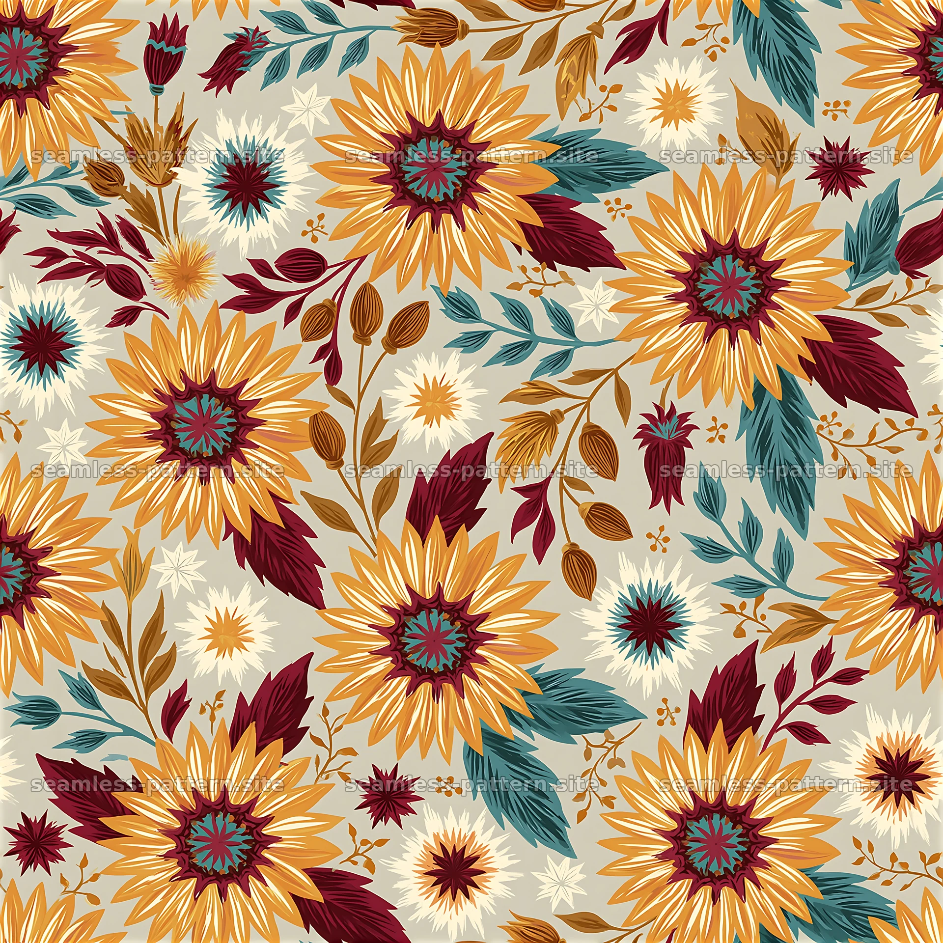 Bright floral seamless pattern with sunflowers and leaves seamless pattern preview