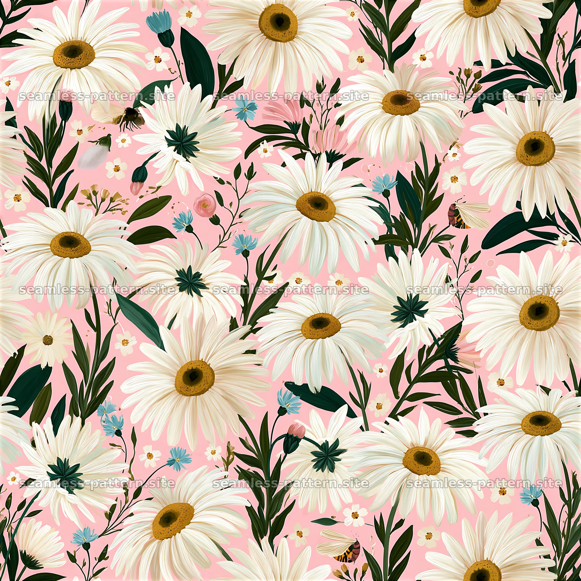 Colorful flower pattern with daisies and greenery on pink background seamless pattern preview