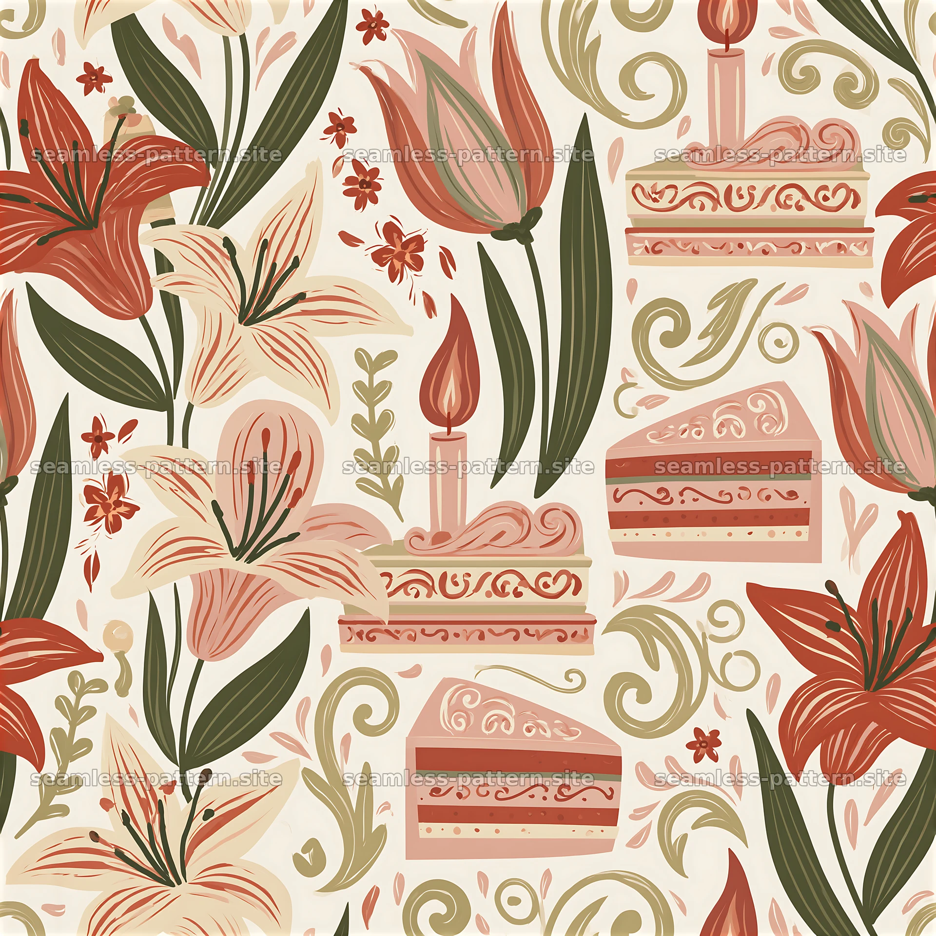 Floral pattern with birthday cake and candles in soft colors seamless pattern preview