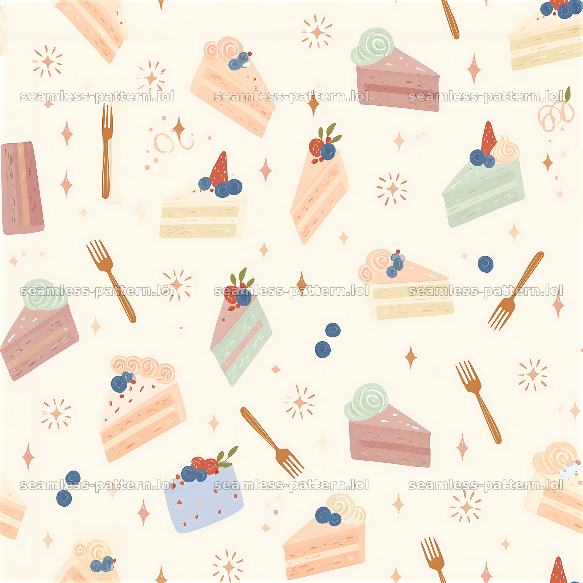 Birthday pastel seamless pattern featuring cake slices and utensils seamless pattern preview