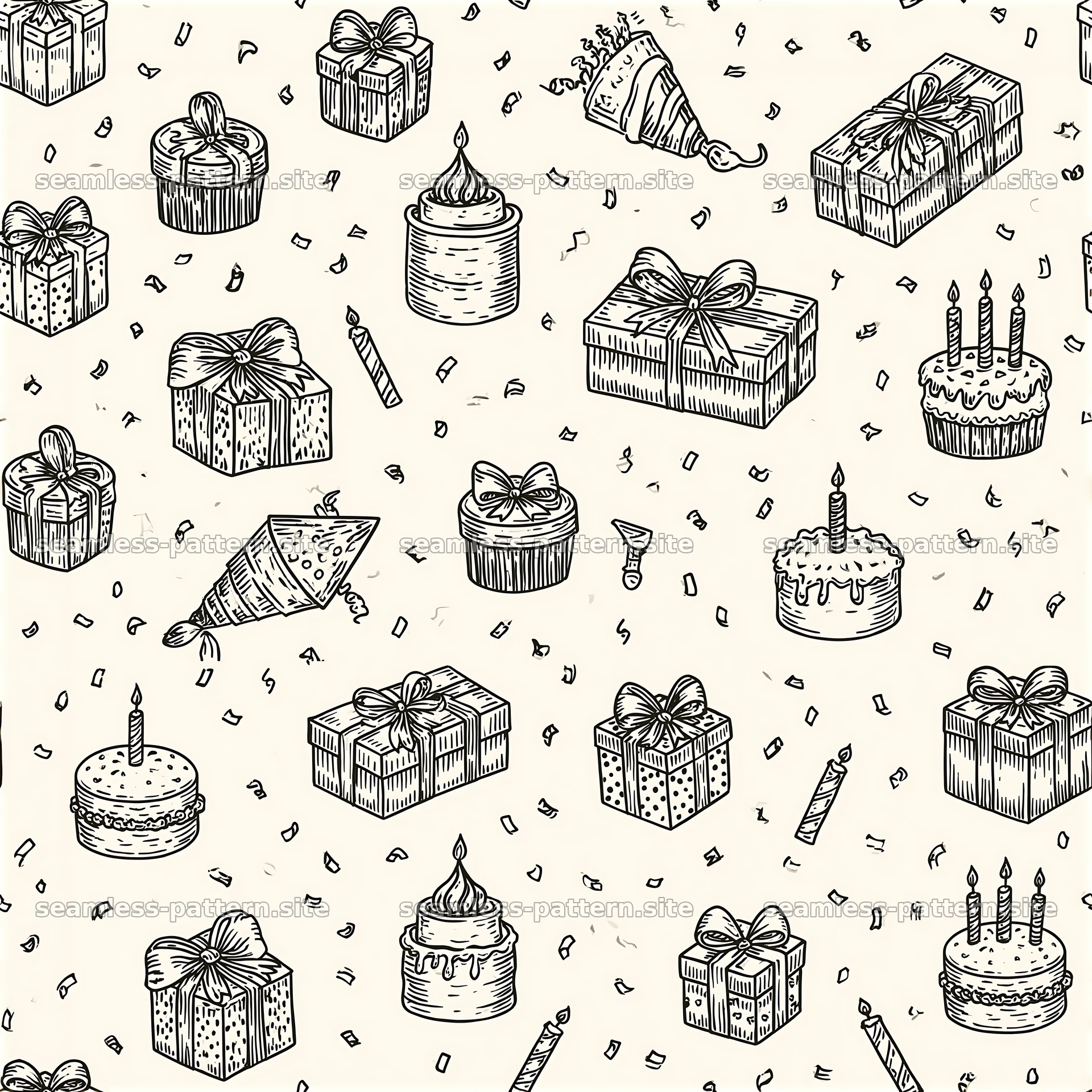 Birthday themed seamless pattern with cakes and gifts seamless pattern preview