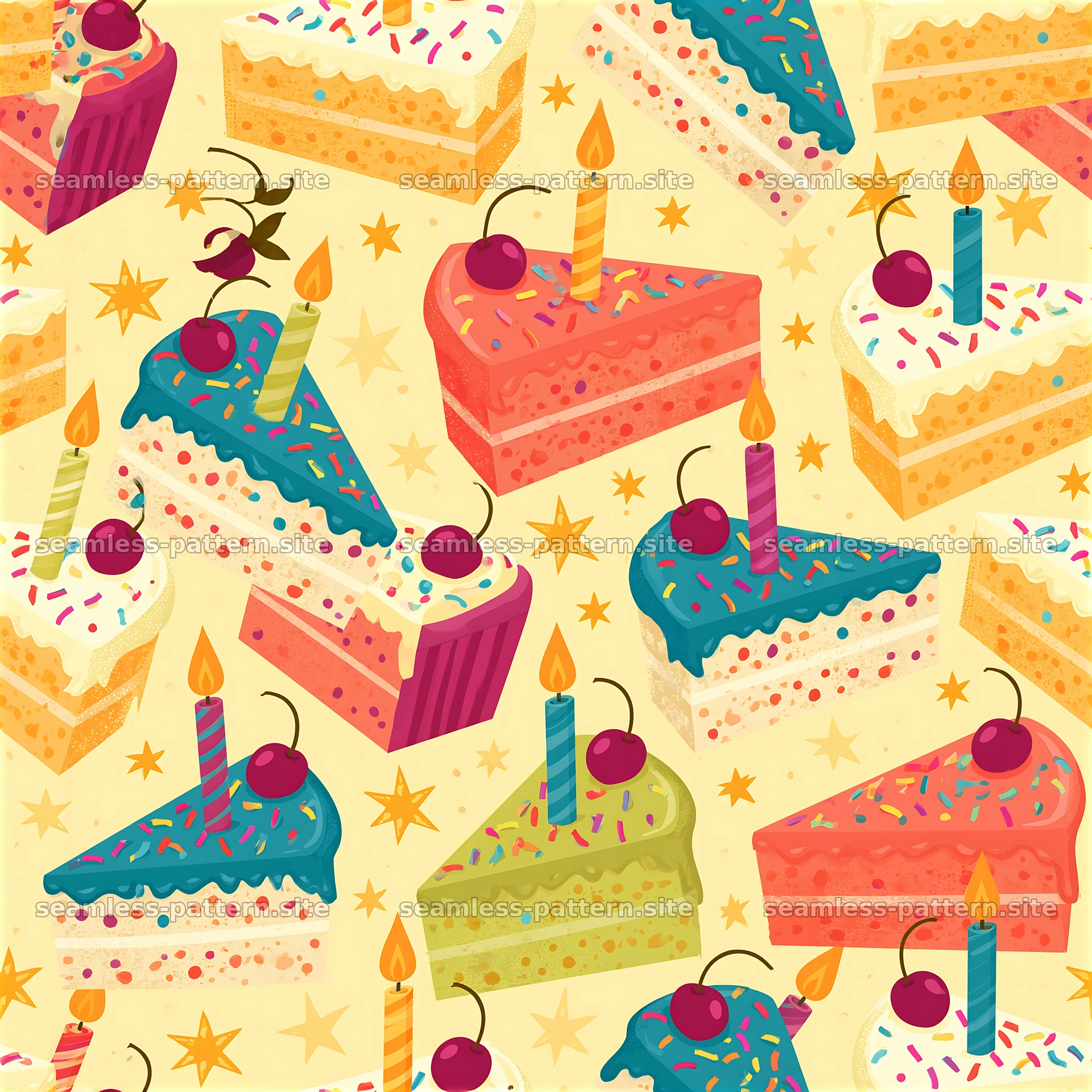 Colorful cake slices with candles in a fun layout seamless pattern preview